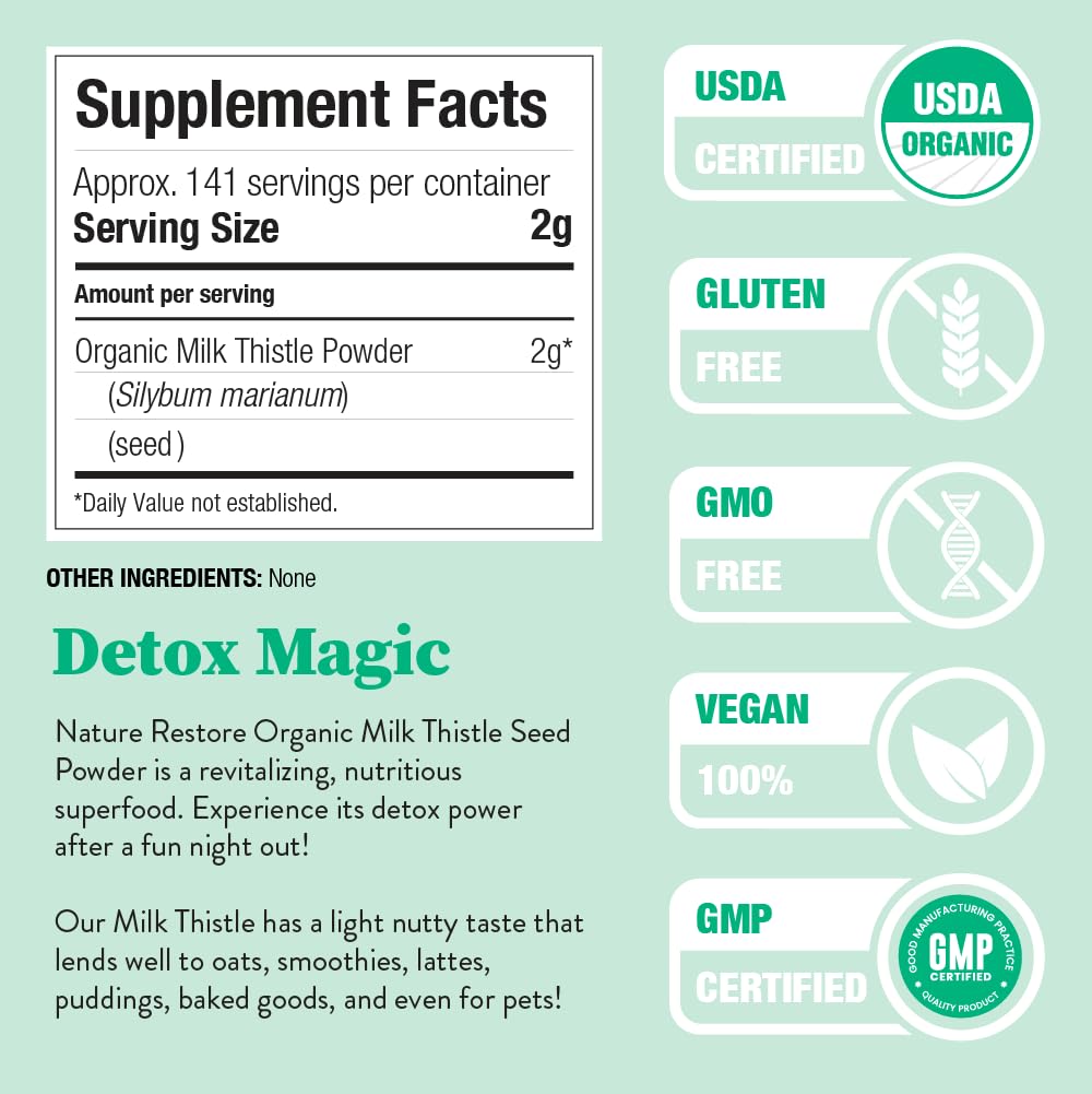 Nature Restore Milk Thistle Seed Powder pour highlights neutral taste for recipes.