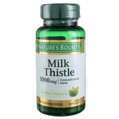 Nature's Bounty Milk Thistle 1000 mg softgels in bottle for daily supplementation.