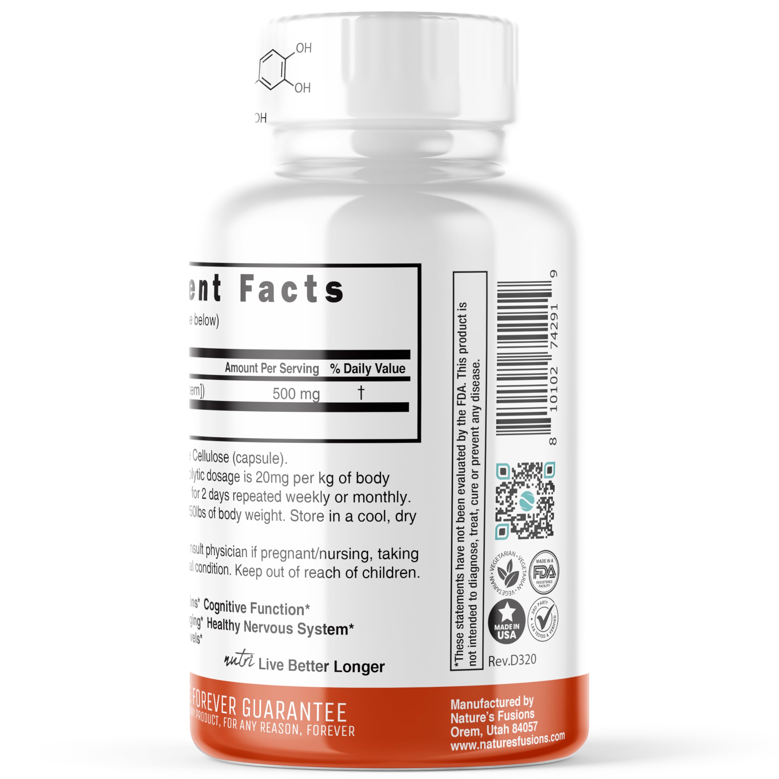 Nature's Fusions Nutri Fisetin 500mg label close-up—emphasizing purity and accurate dosage.
