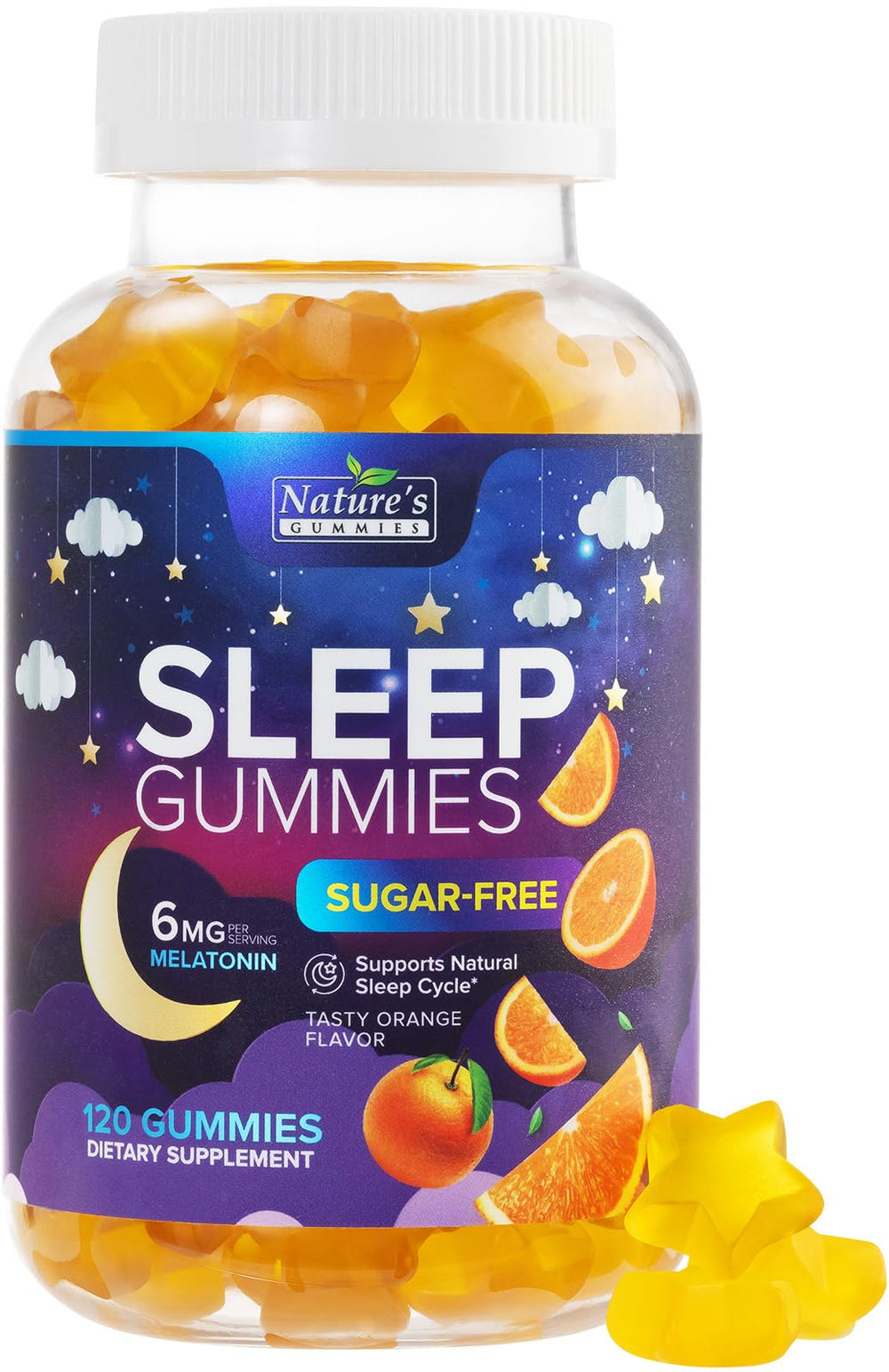 Nature's Gummies Sleep 6mg bottle with orange gummies for restful nights.