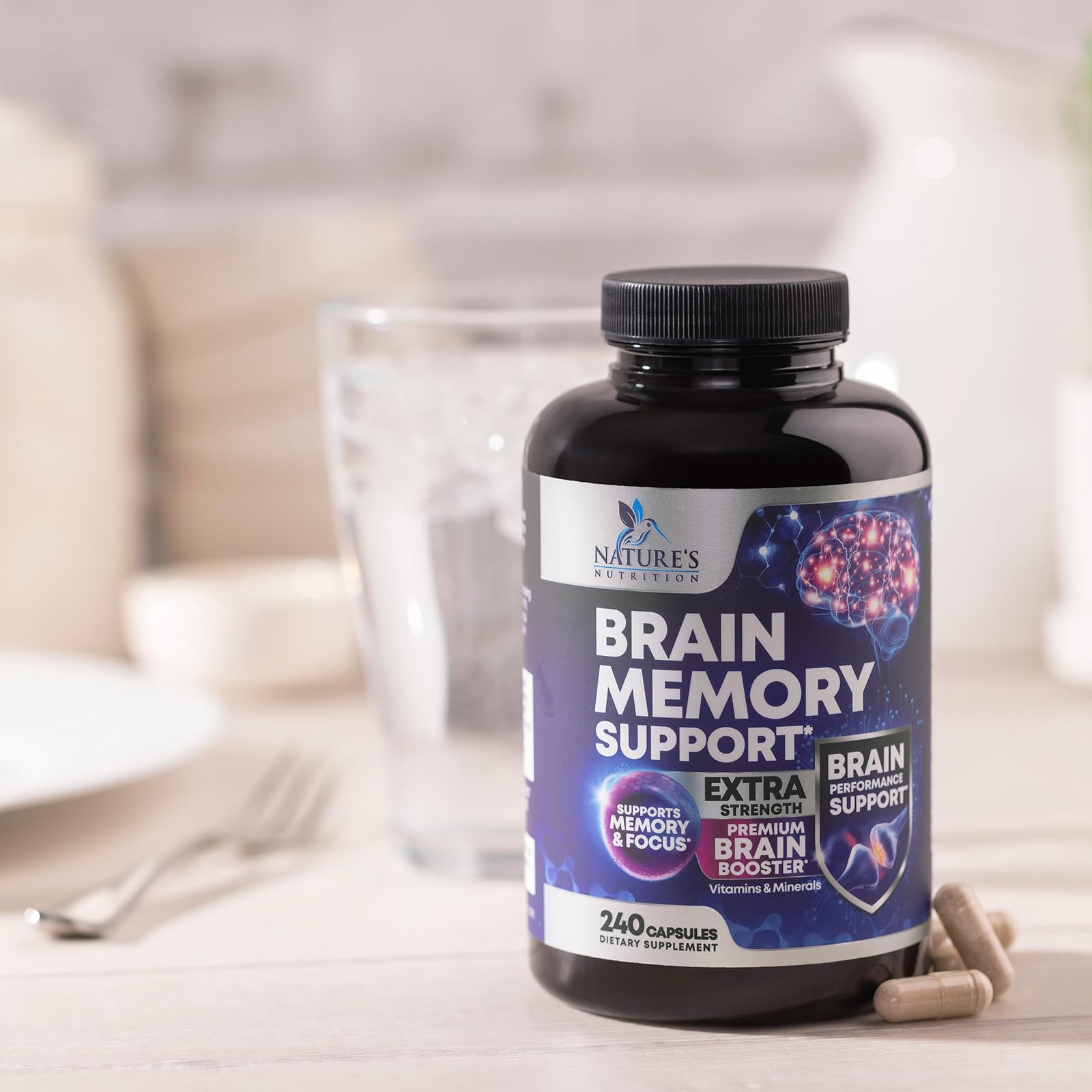 Nature's Nutrition capsules close-up for mental clarity and alertness