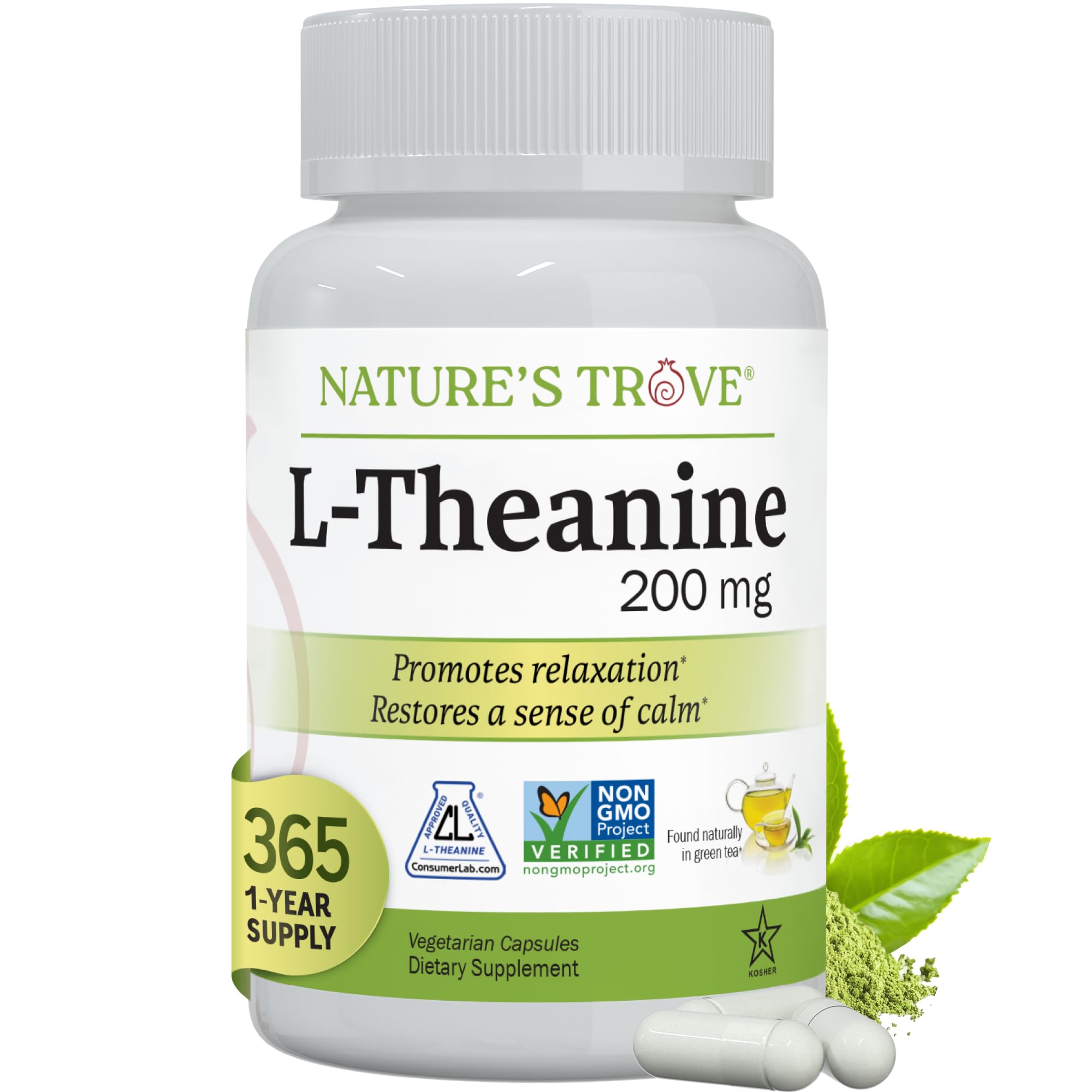 Nature's Trove L-Theanine 200mg bottle front view for relaxation-ready moments