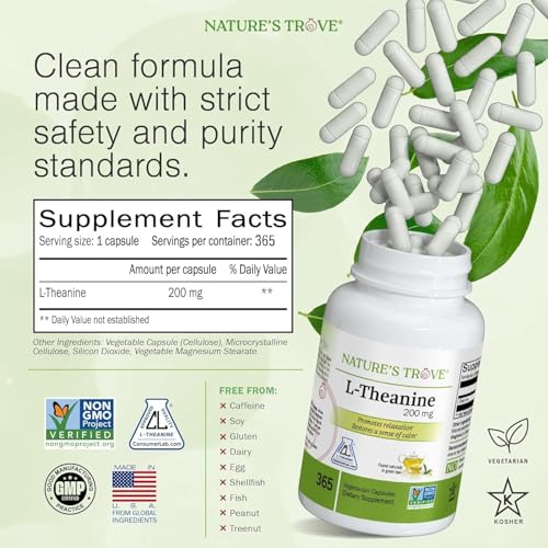 Nature's Trove L-Theanine 200mg capsules inside container