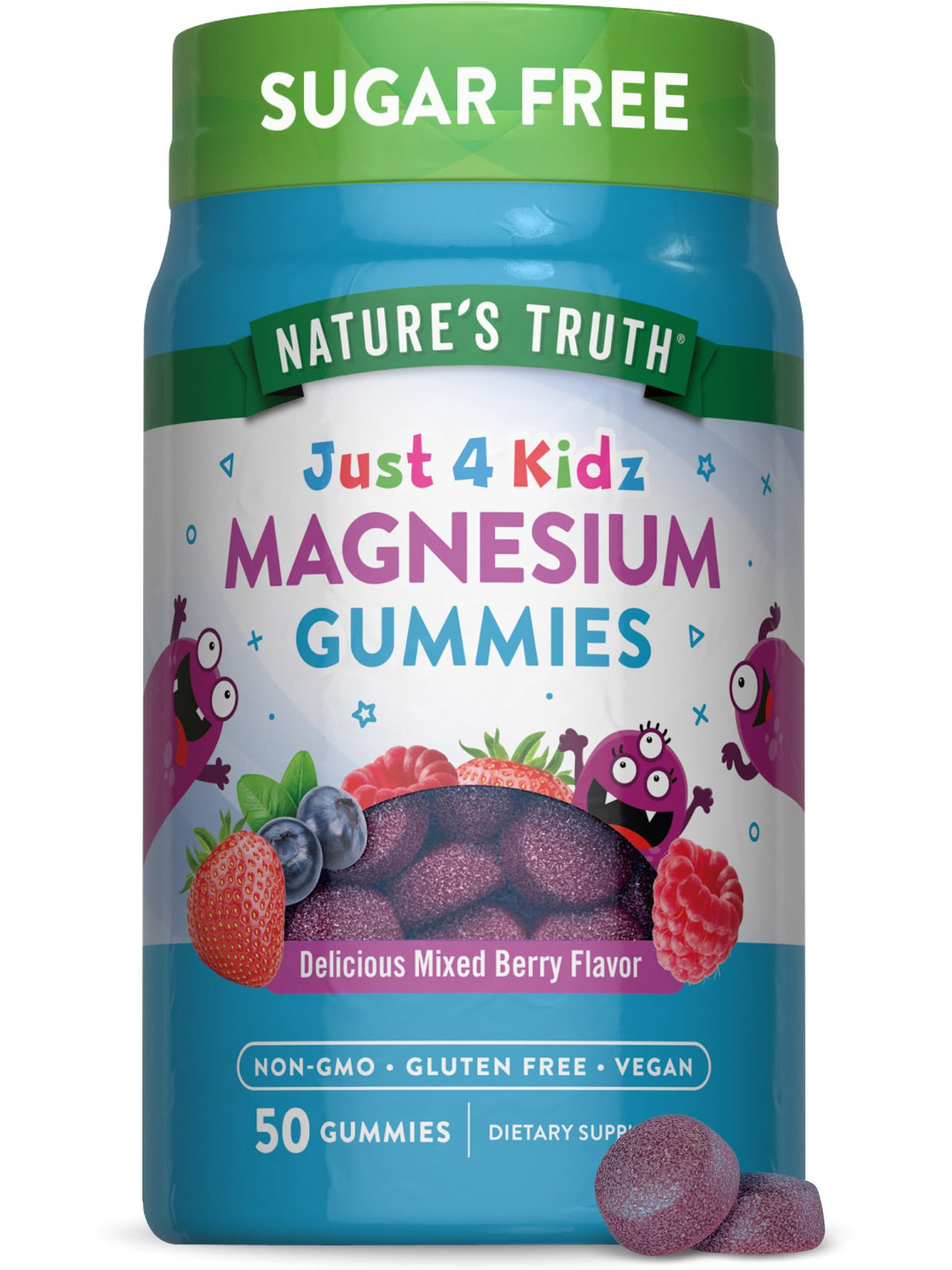 Nature's Truth gomitas magnesio niños envase, sabor frambuesa, apoyo a la rutina diaria.