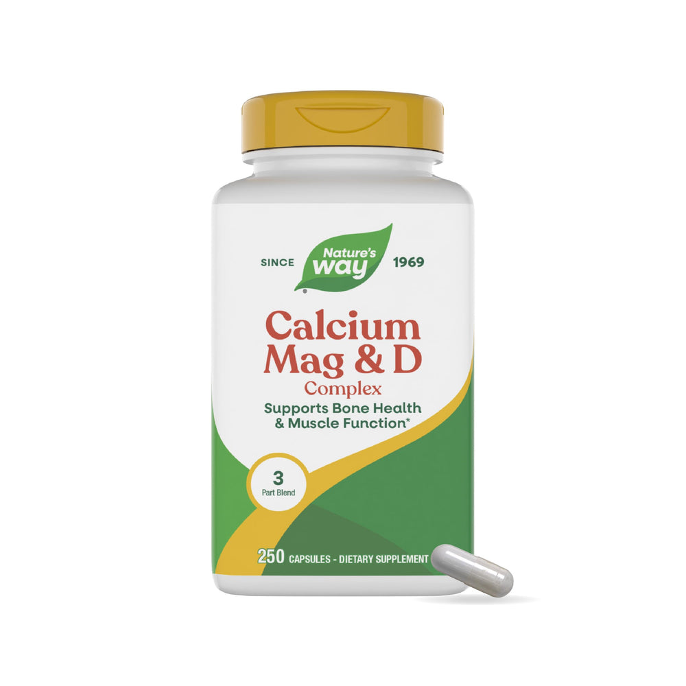 Nature's Way Calcium Mag D3 Complex bottle shown on a counter, suggesting daily bone support.