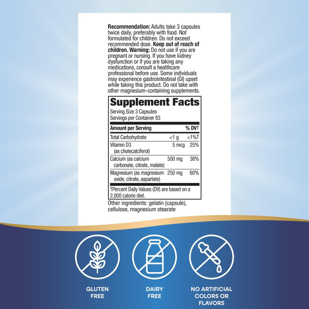 Close-up of Nature's Way Calcium Mag D3 Complex capsules for easy swallowing.