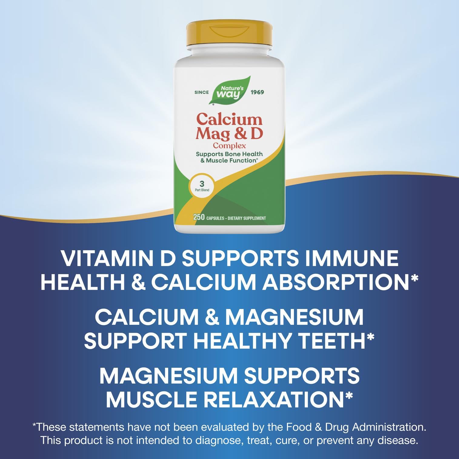 Bottle with daily-dose directions for Nature's Way Calcium Mag D3 Complex.