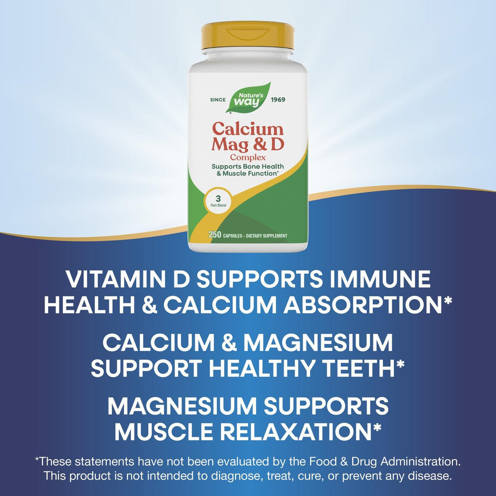 Bottle with daily-dose directions for Nature's Way Calcium Mag D3 Complex.