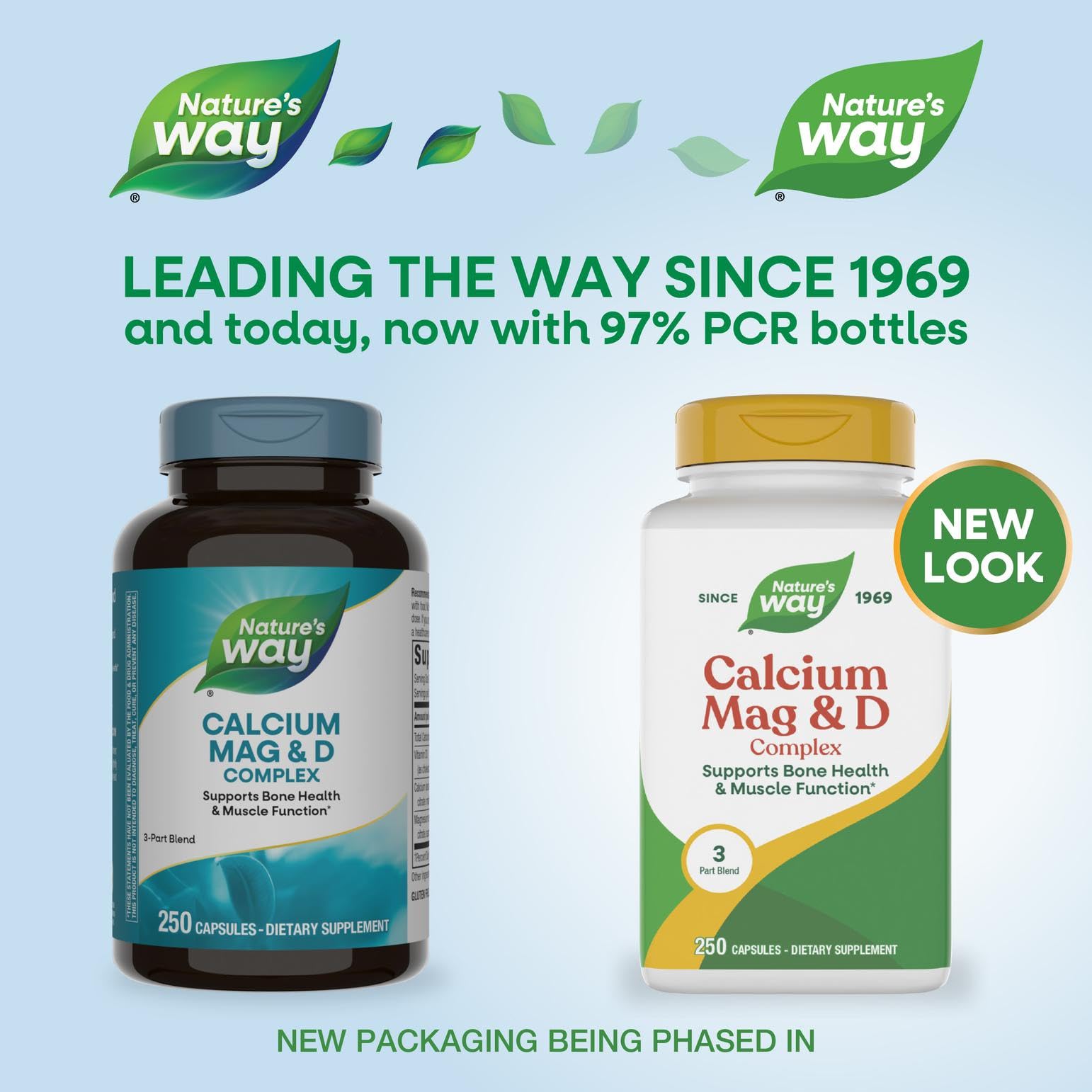 Close-up of the Nature's Way Calcium Mag D3 Complex label on a bottle.
