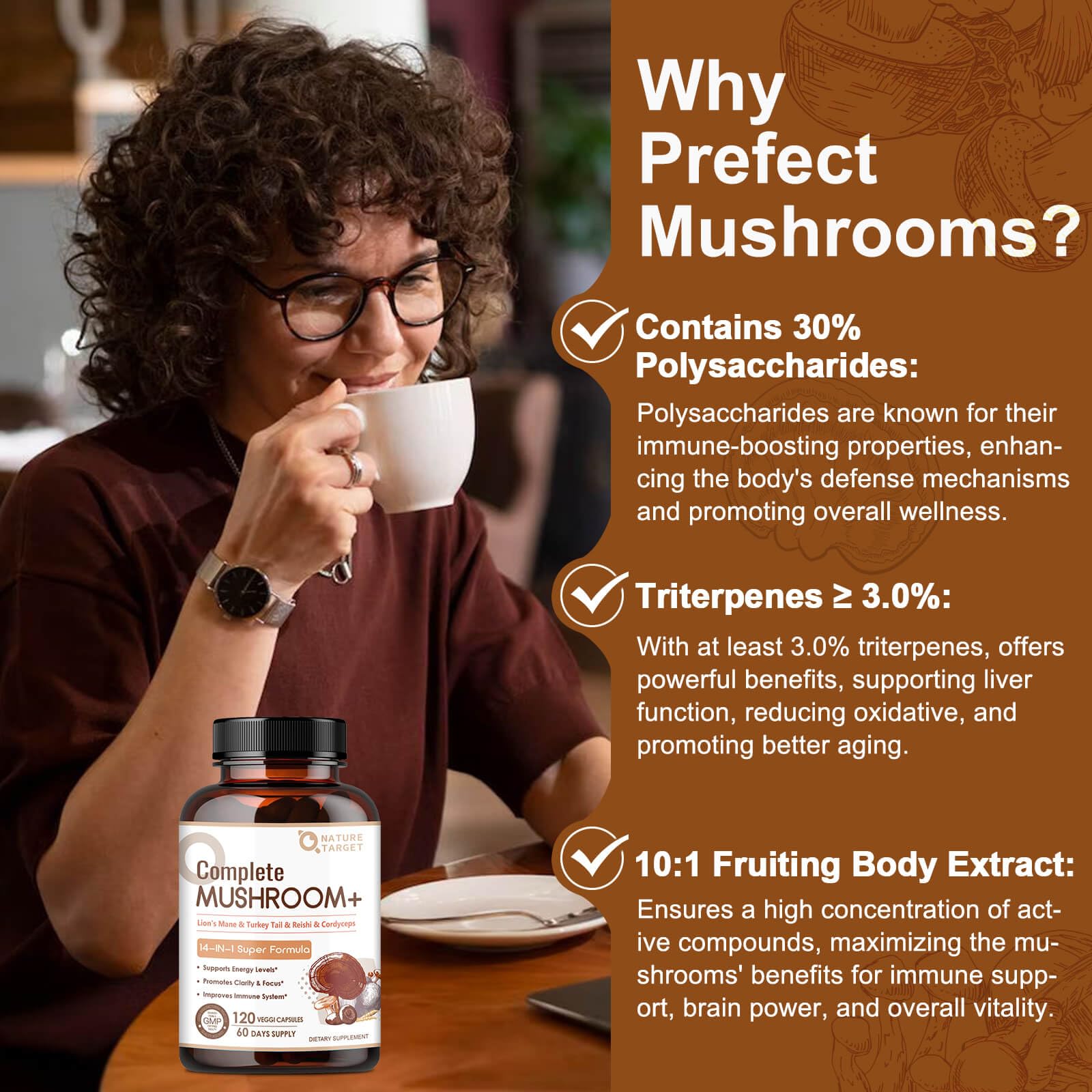 Nature Target 14-in-1 mushroom blend ingredients showcase diverse health-supporting power