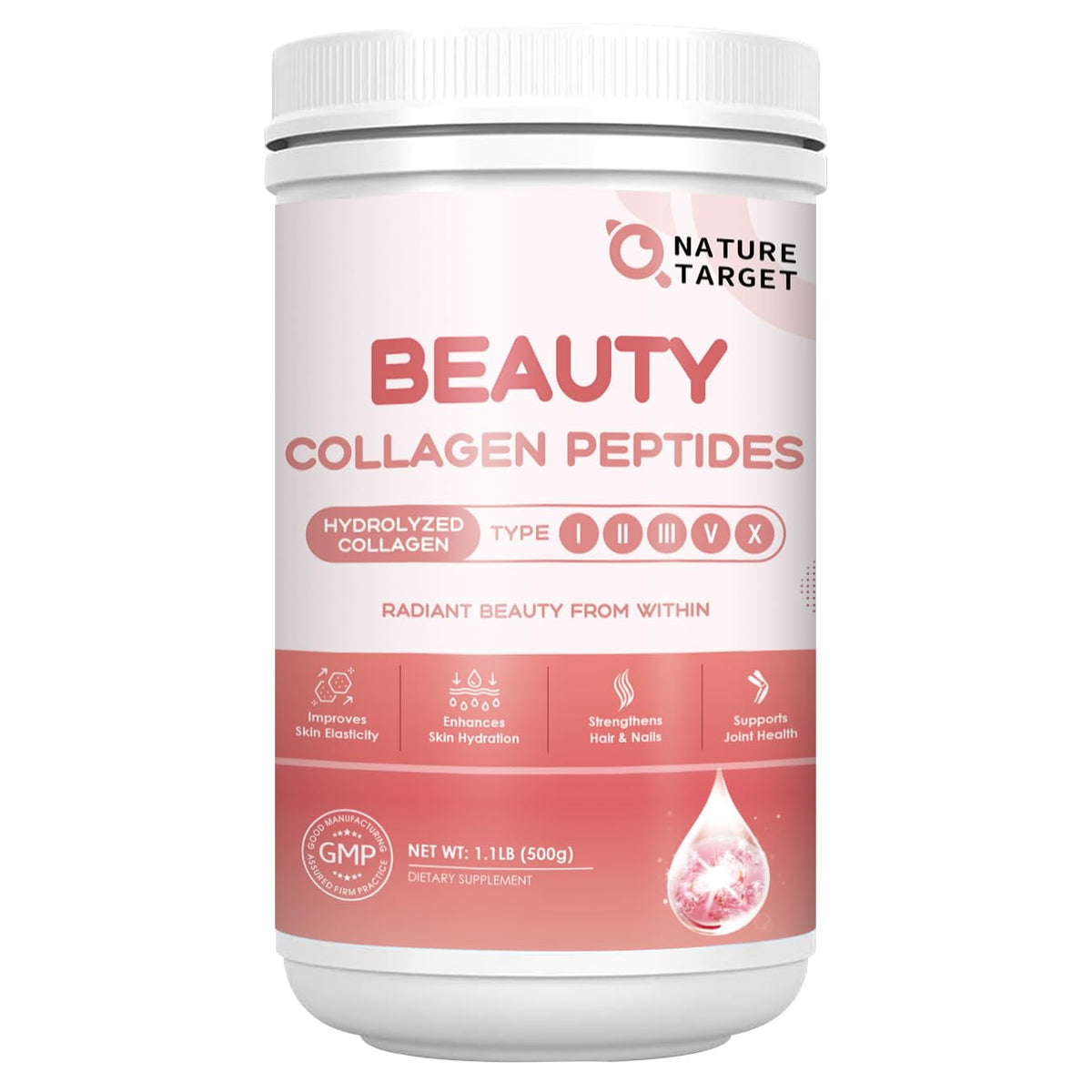 Nature Target Beauty Collagen powder bottle showing premium multi-collagen formula for radiant skin.