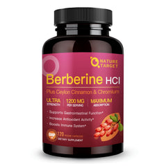 Nature Target Berberine HCl bottle with capsules for daily wellness and ease of use.