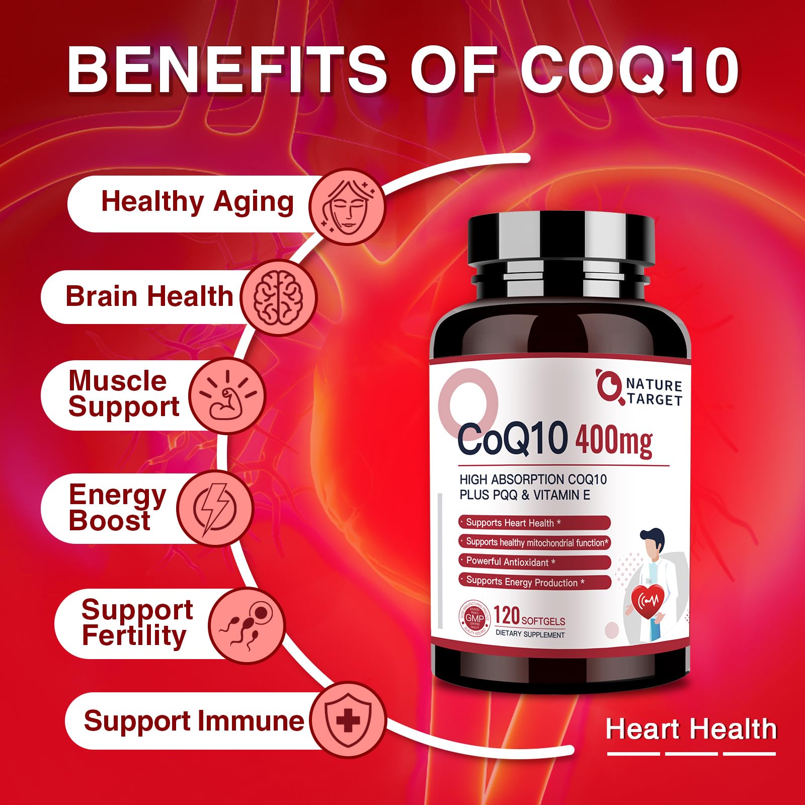 Nature Target CoQ10 taken with breakfast for energy.