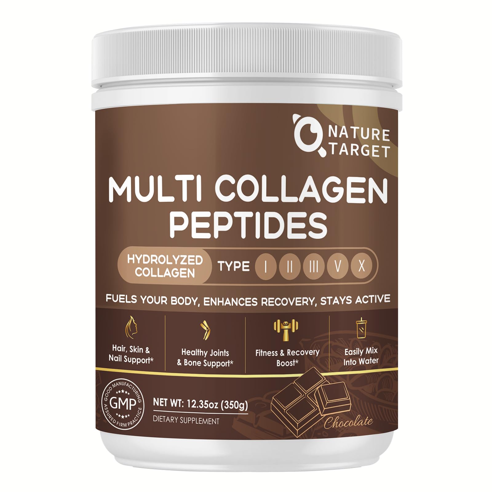 Nature Target Chocolate Multi Collagen Peptides bottle for daily skin and joint wellness.