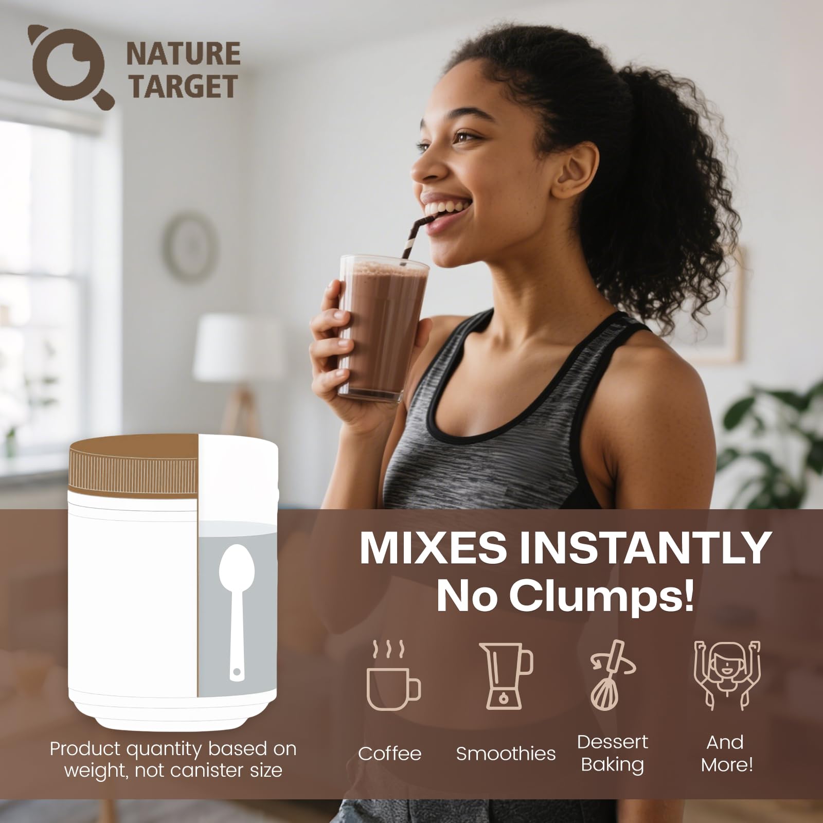 Nature Target gluten-free chocolate collagen powder suitable for daily wellness routines.