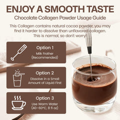Nature Target chocolate collagen powder dissolving smoothly in a glass of water.