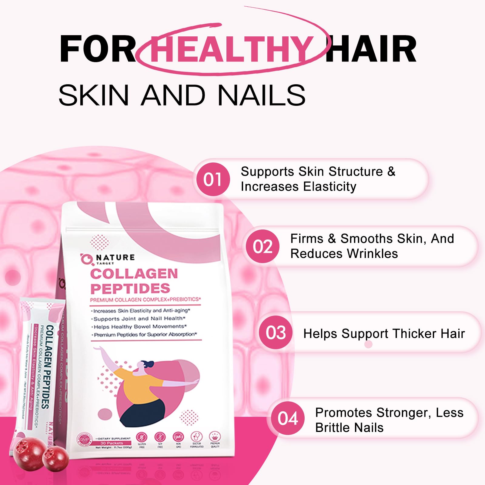 NATURE TARGET collagen powder dissolving in water for quick, smooth mixing.