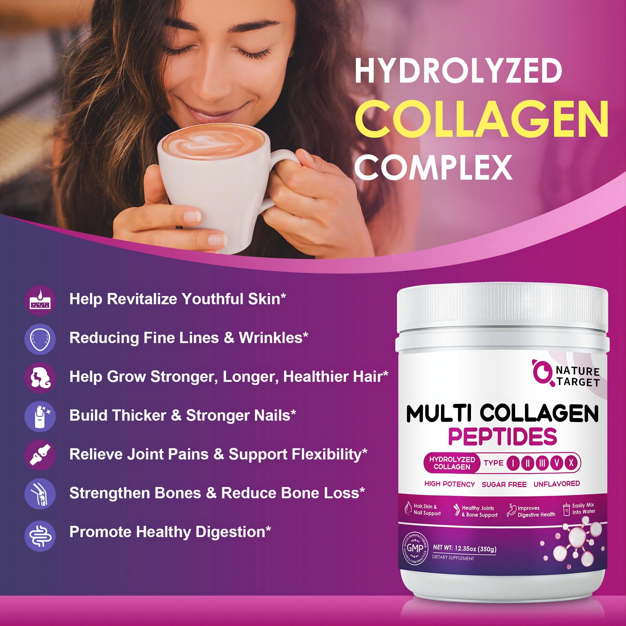 Nature Target collagen powder dissolving in liquid with quick mixability and no clumps.