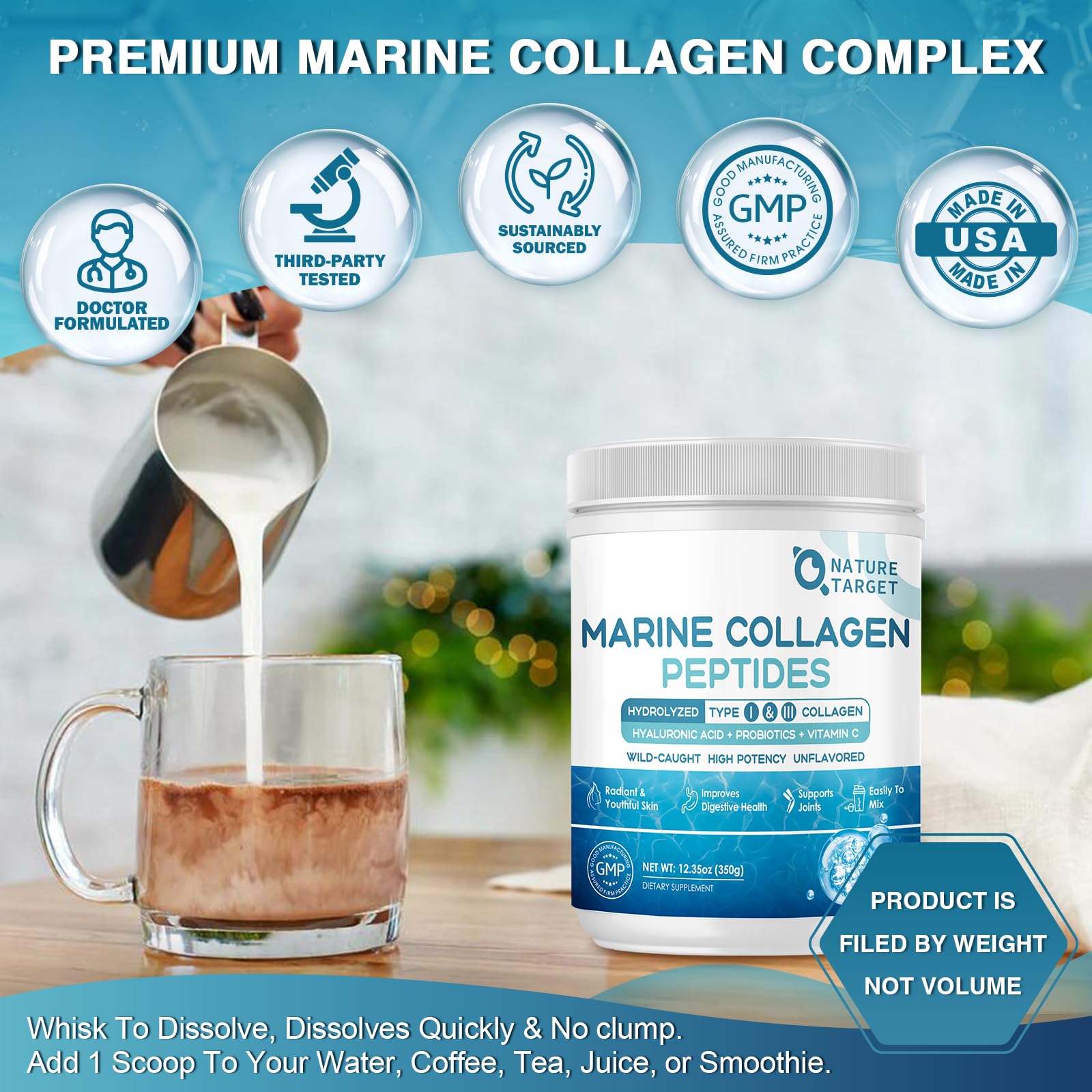 Nature Target collagen powder blending into a smoothie for convenience.