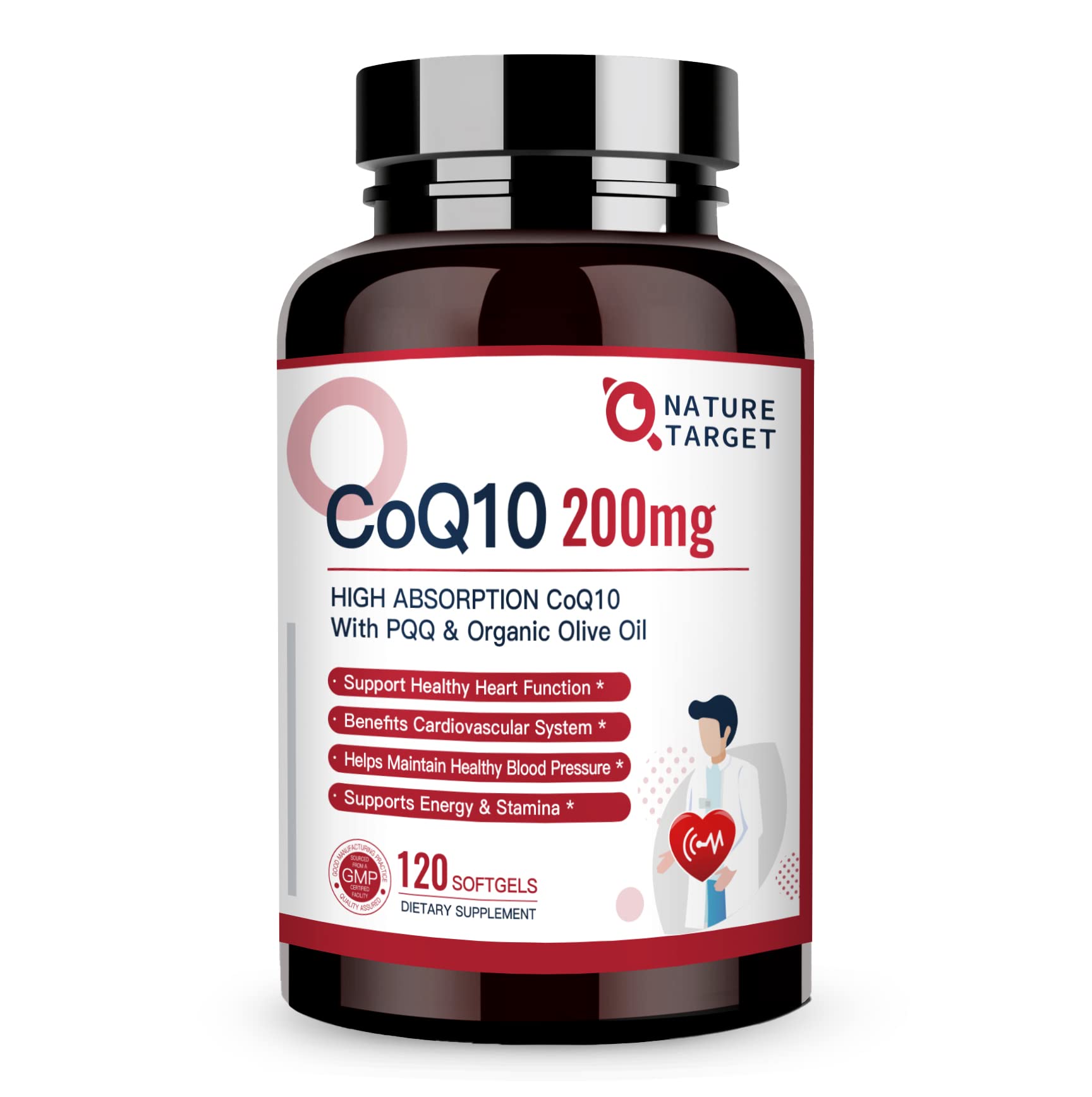 Nature Target CoQ10 200mg softgels with olive oil for enhanced absorption.