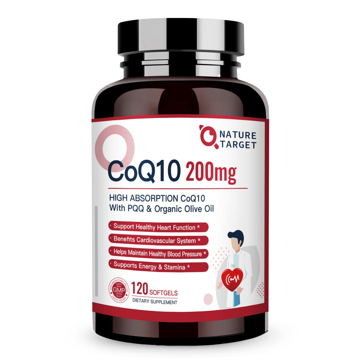Nature Target CoQ10 200mg softgels with olive oil for enhanced absorption.