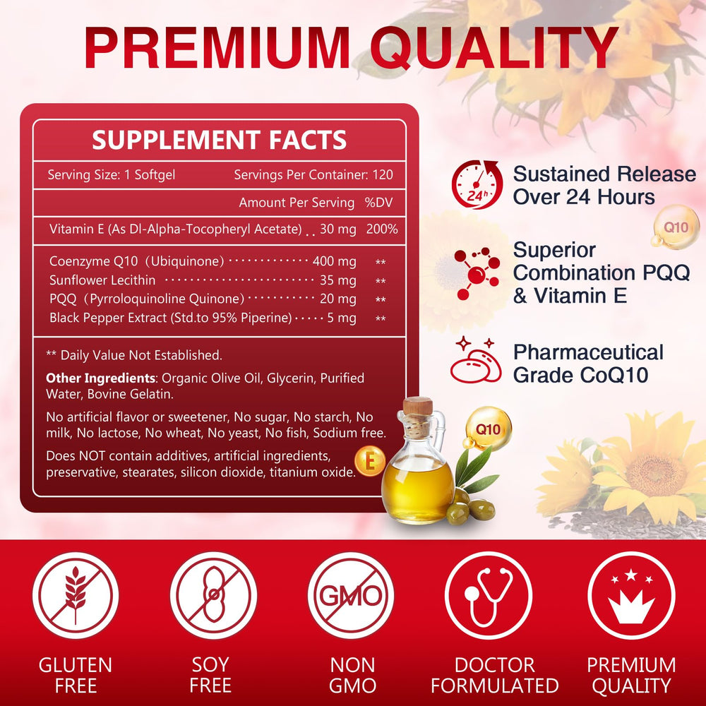 Close-up of CoQ10 ingredients including PQQ and olive oil.