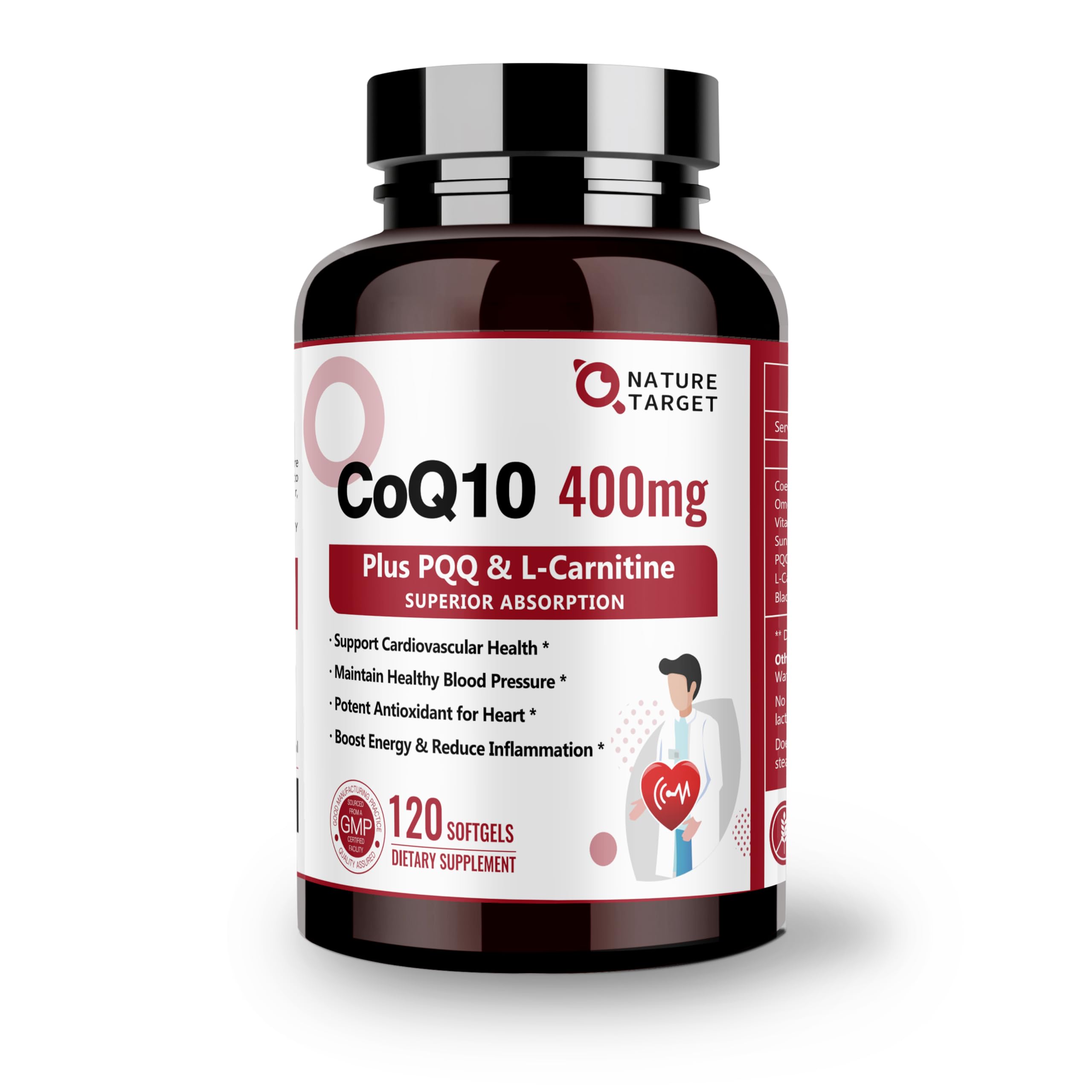 Nature Target CoQ10 400mg softgels bottle highlights energy support and antioxidant benefits.