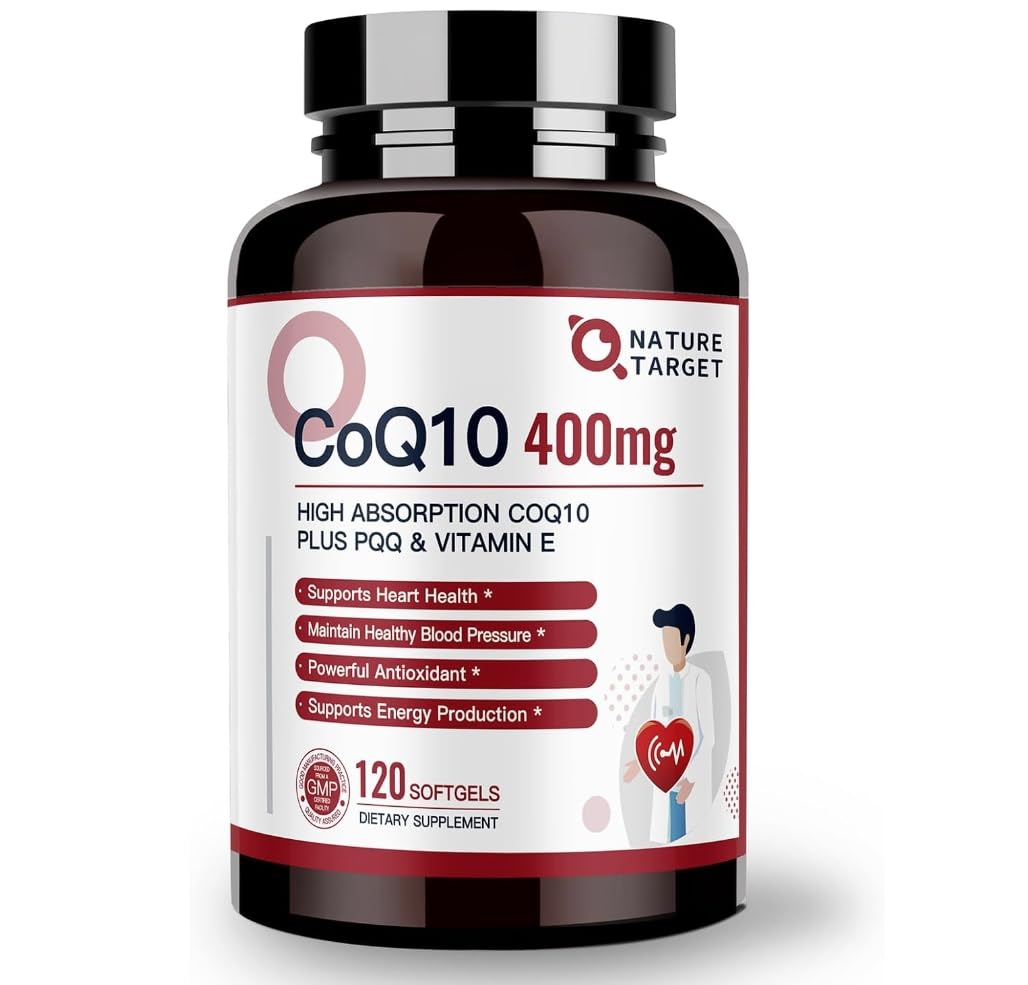 Nature Target CoQ10 400mg softgels bottle, showcasing high-potency antioxidant support