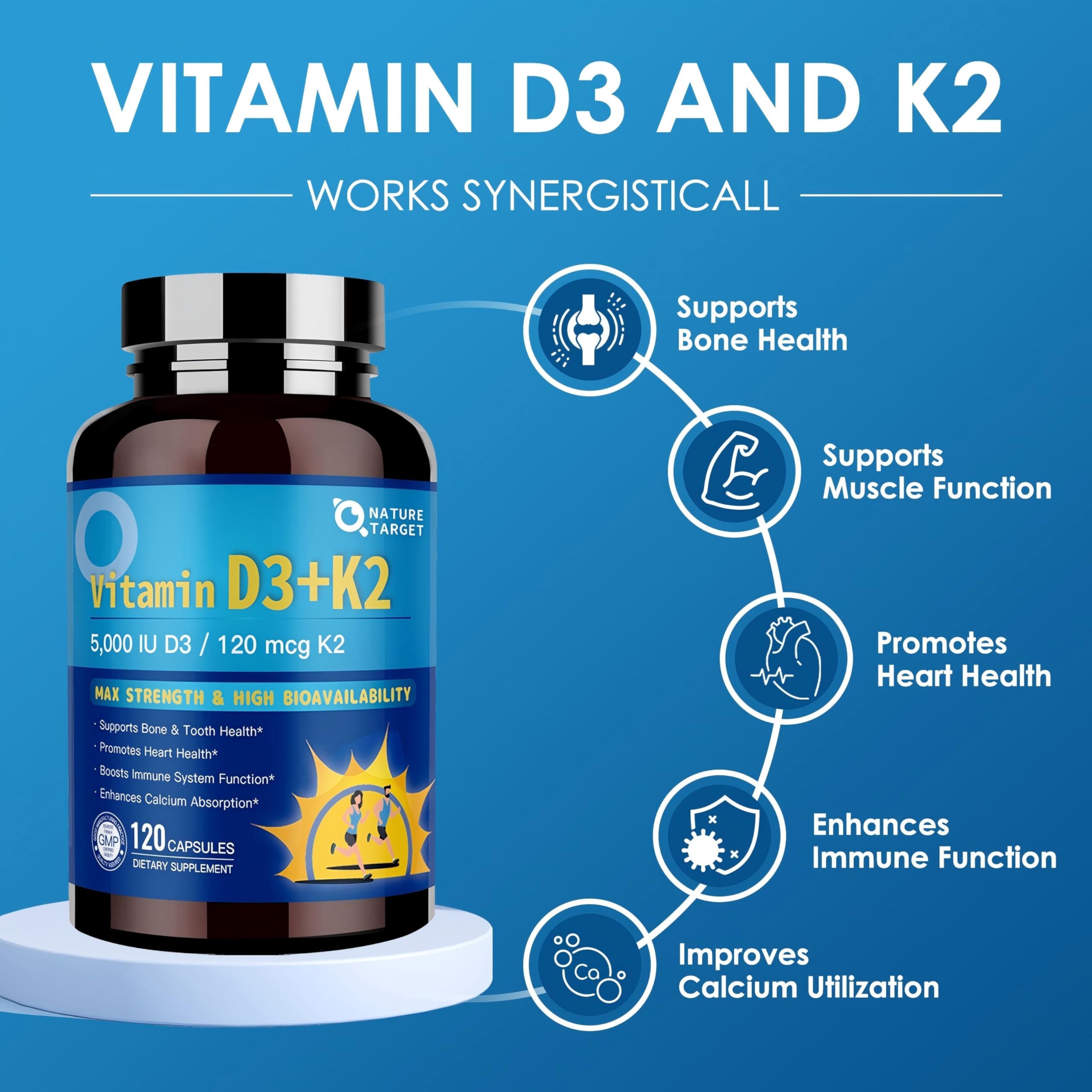 Nature Target D3K2 bottle label close-up showing gluten-free and 120 servings.