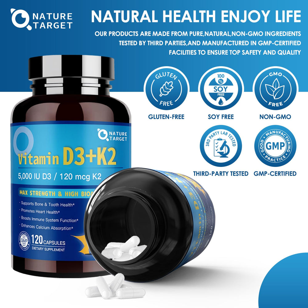Nature Target D3K2 packaging on a clean shelf emphasizing pure ingredients.