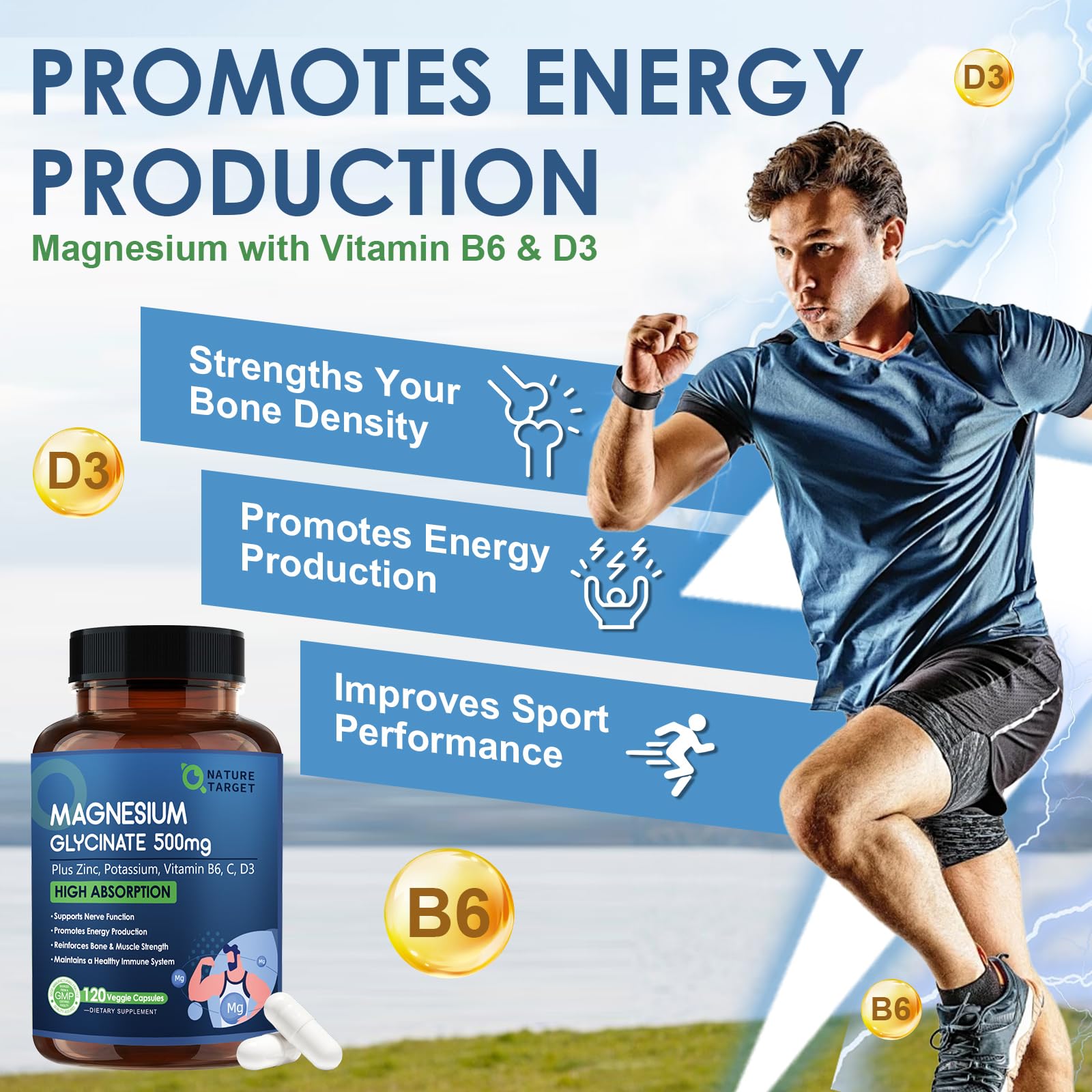 Nature Target daily-use capsules in morning shot illustrate convenient regimen for energy and recovery.