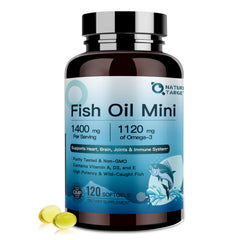 Nature Target Fish Oil Mini bottle shows compact size for easy swallowing and daily use.