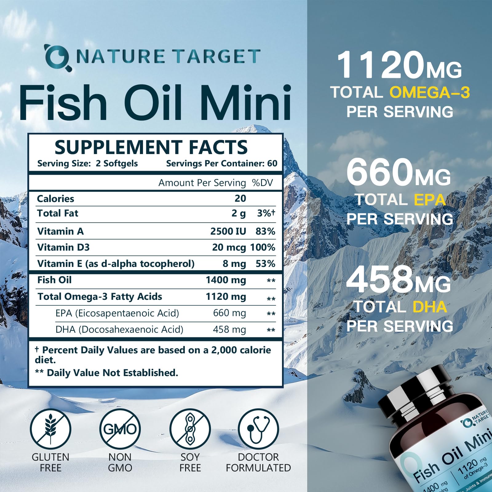 Nature Target Fish Oil Mini softgels close-up emphasizing small size for smooth ingestion.