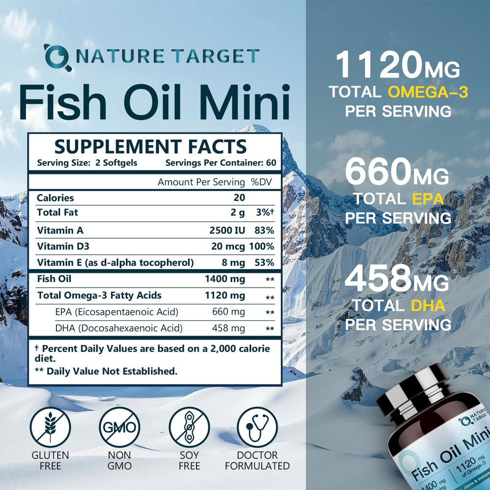 Nature Target Fish Oil Mini softgels close-up emphasizing small size for smooth ingestion.