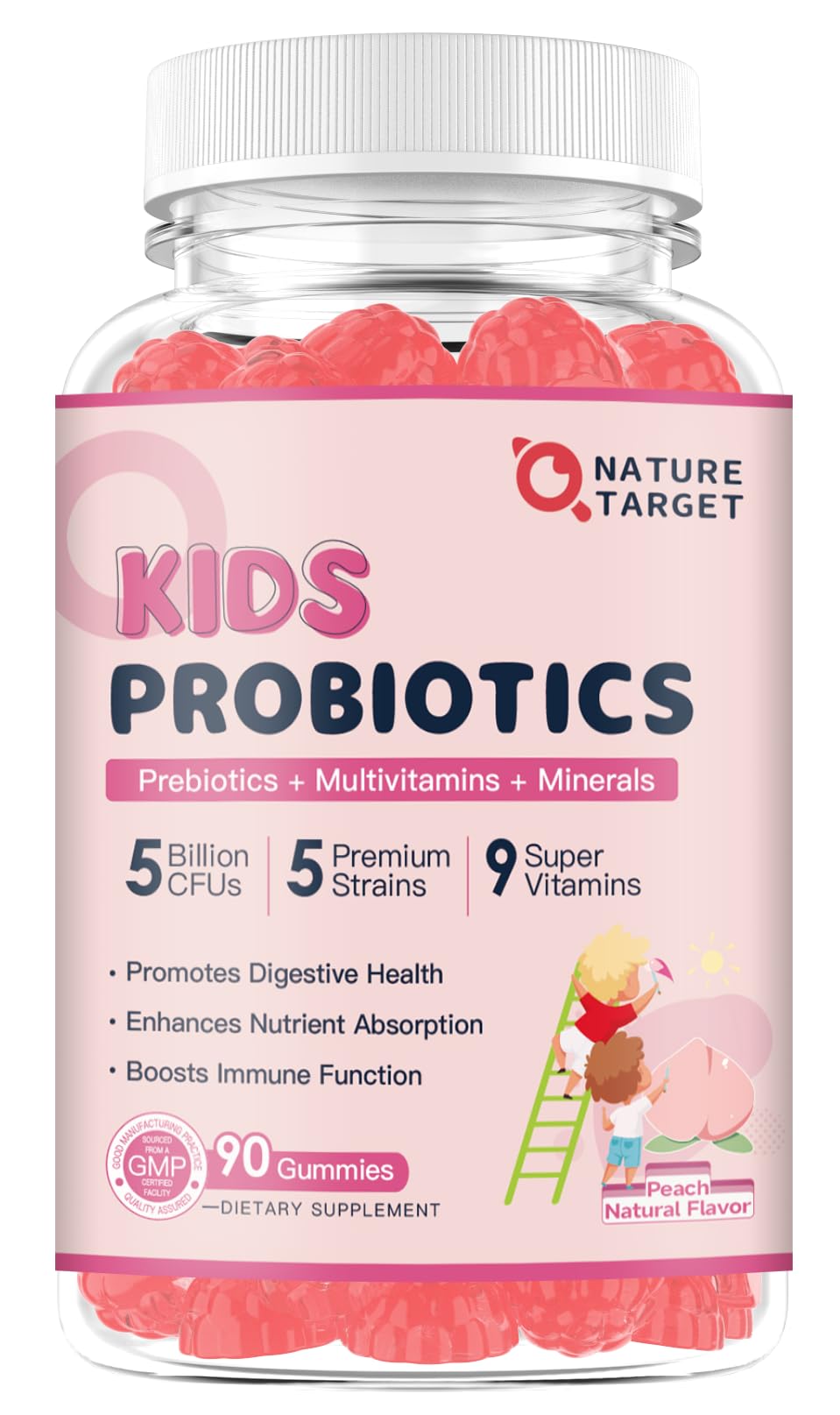 Nature Target Kids Probiotics bottle front with peach flavor, daily digestion support.