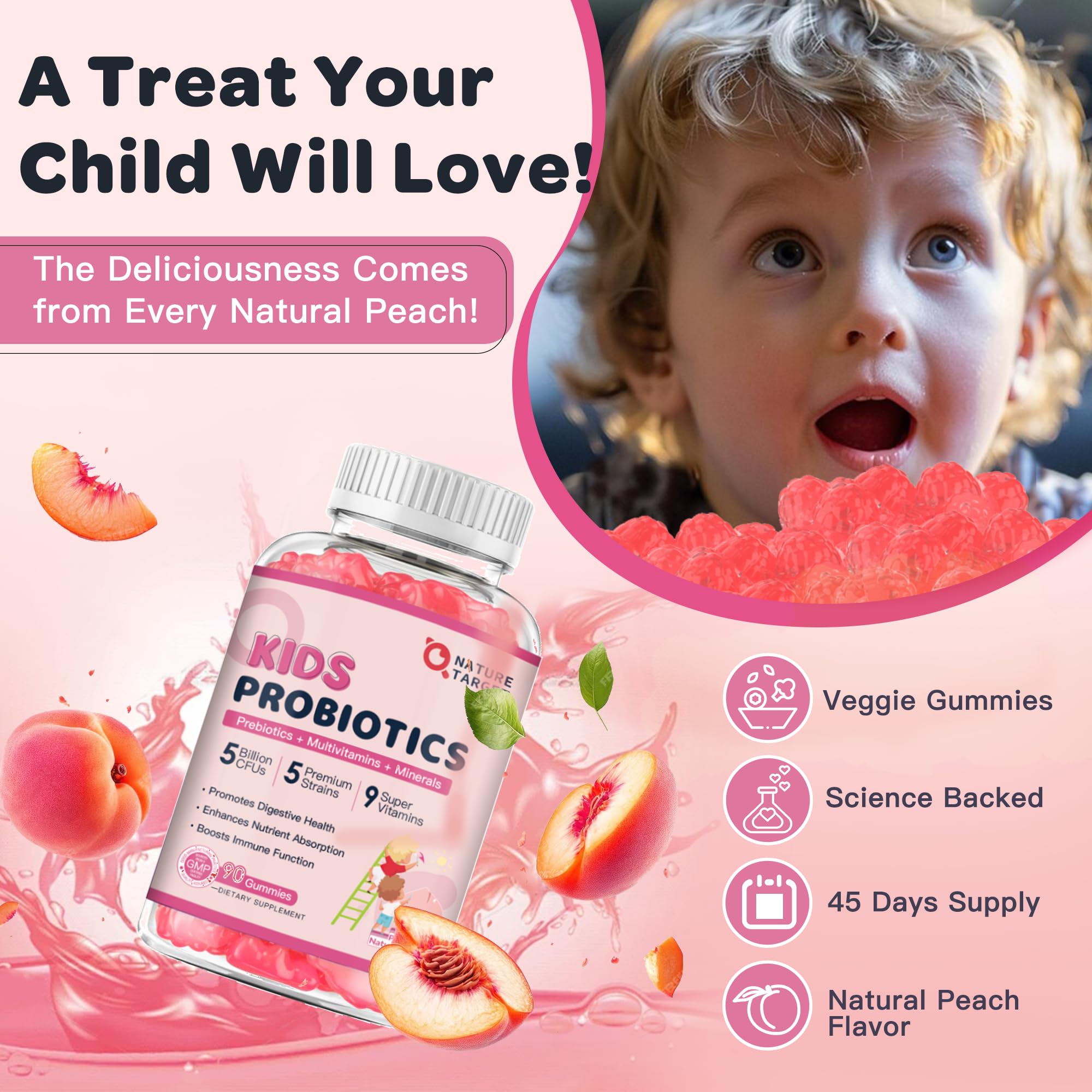 Nature Target Kids Probiotics gummies close-up highlighting peach flavor and texture.