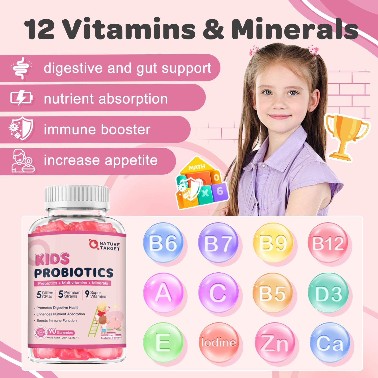 Nature Target Kids Probiotics nutrition label emphasizes vitamins and minerals.