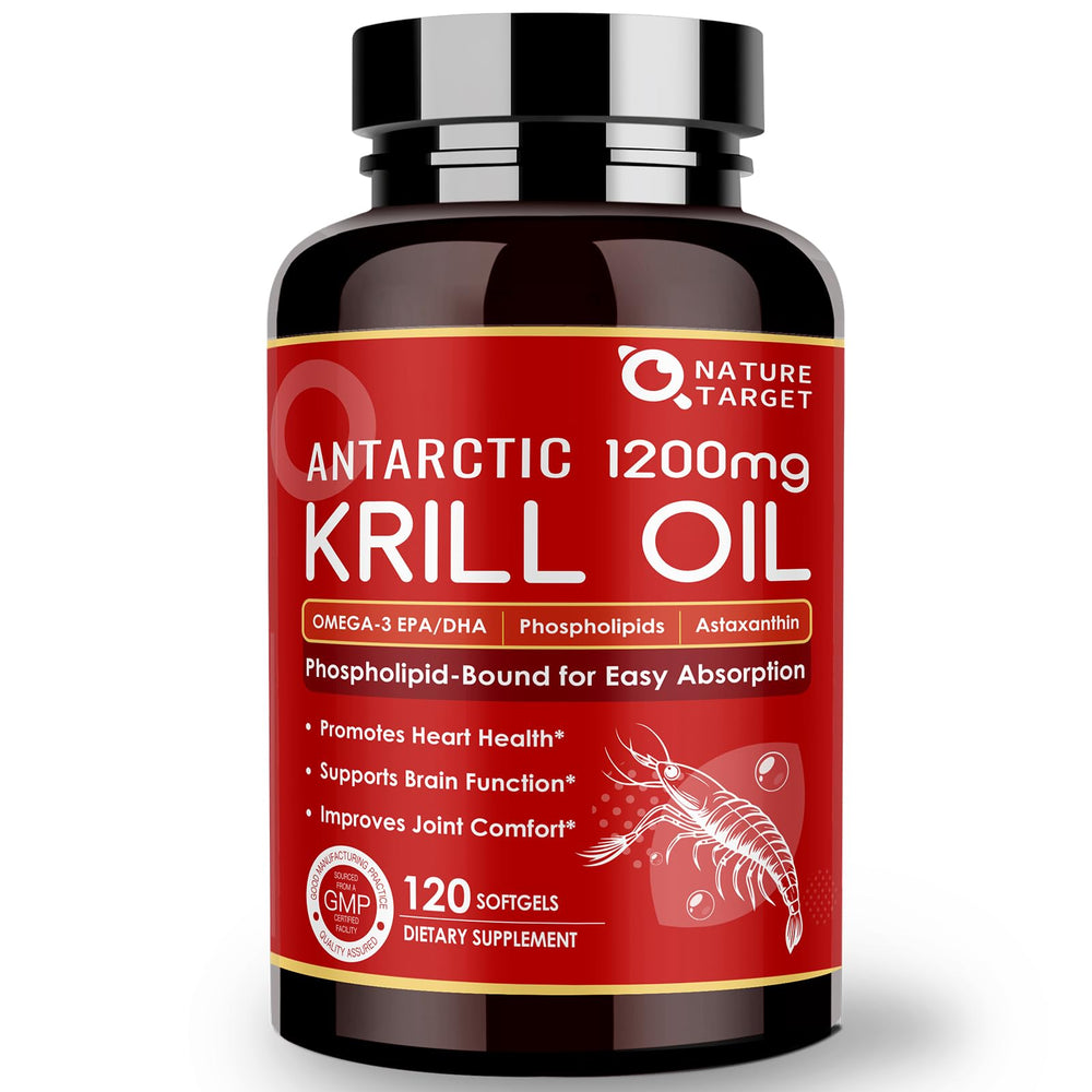 Nature Target Krill Oil bottle showcases 1200mg formula for heart and brain support.