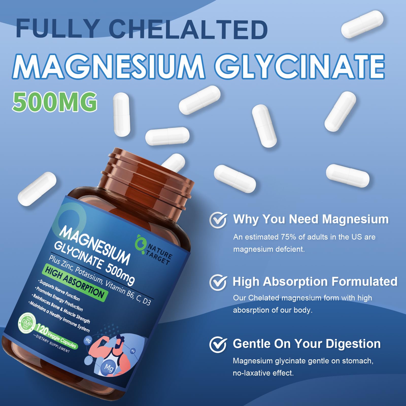 Nature Target magnesium capsules closeup highlights easy-to-swallow form for gentle digestion.