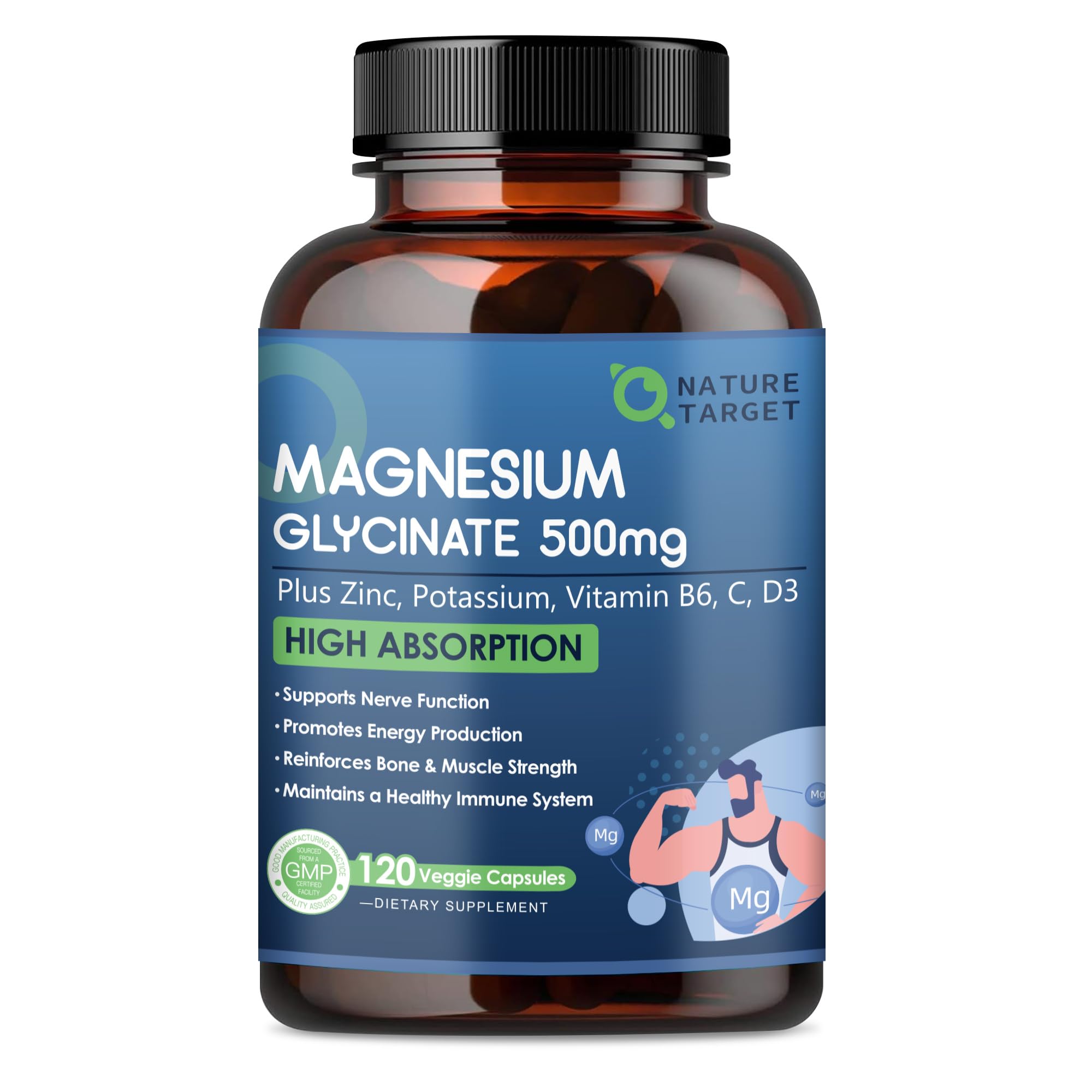 Nature Target magnesium glycinate bottle shows high-potency daily support for muscles and nerves.