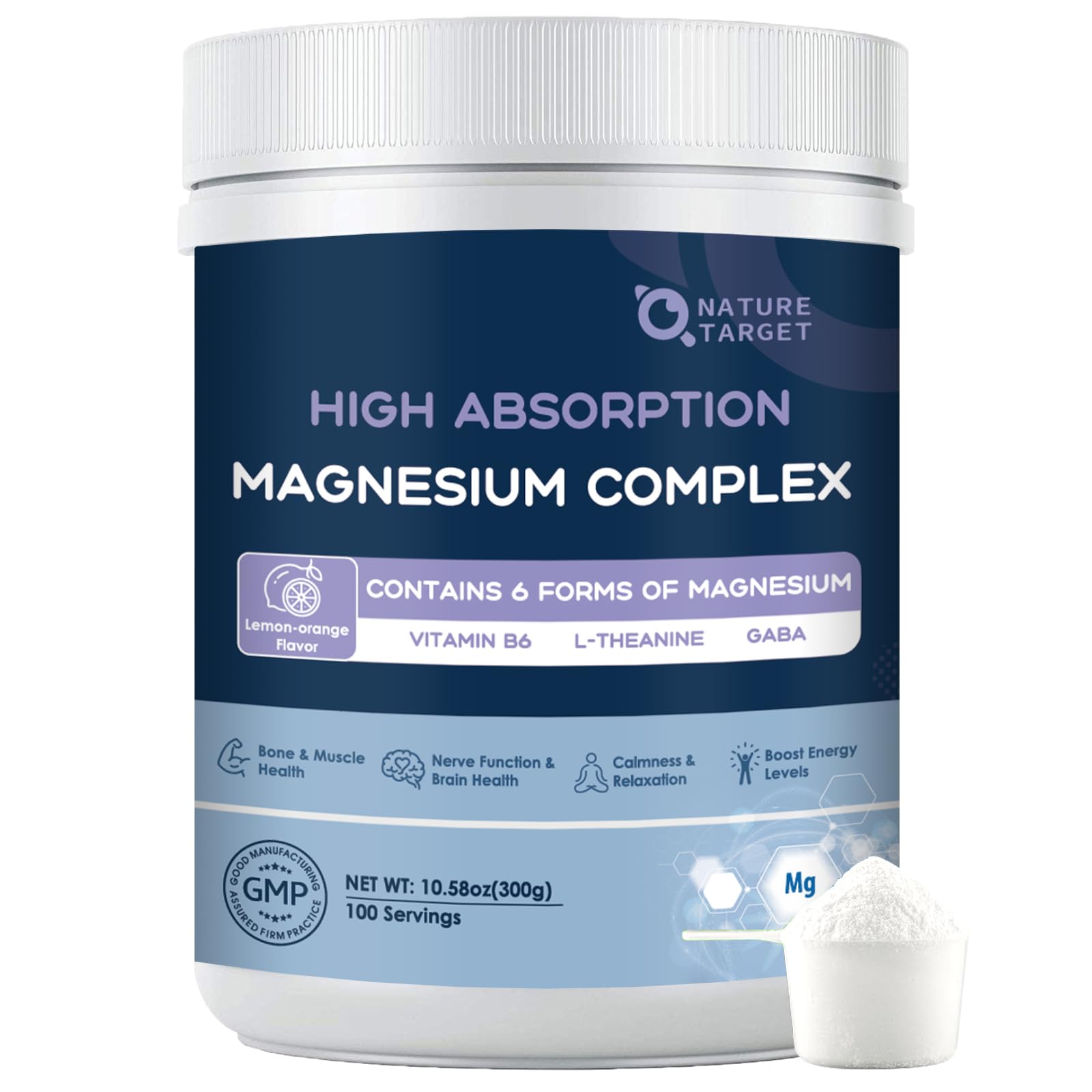 NATURE TARGET magnesium powder bottle with lemon-orange flavor for daily wellness