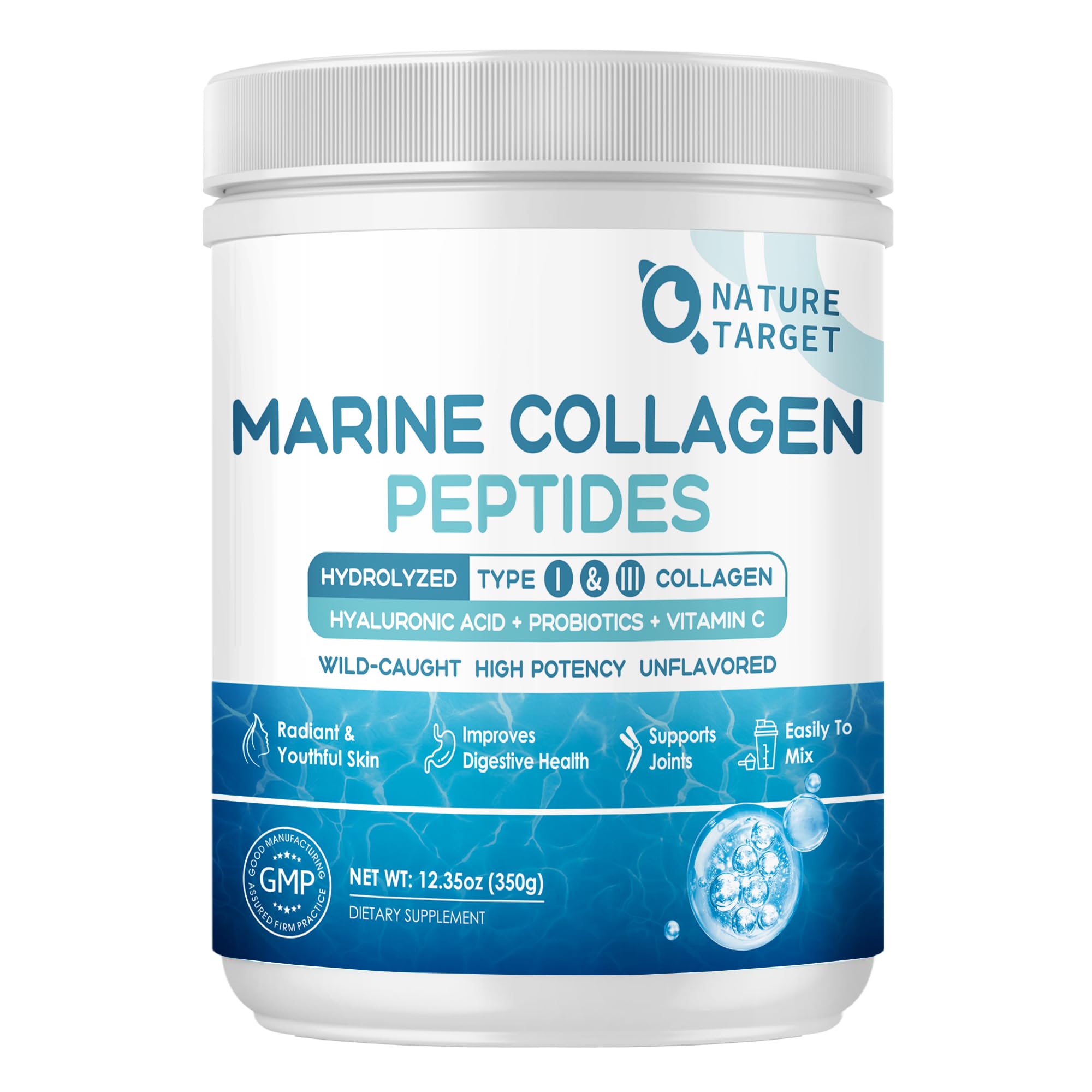 Nature Target Marine Collagen bottle on kitchen counter signaling skin support.