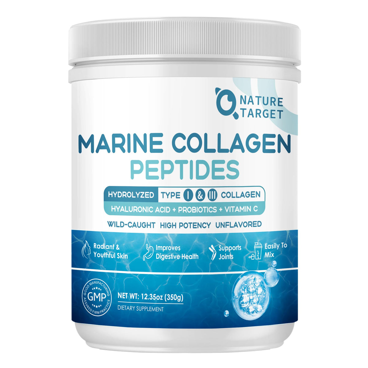Nature Target Marine Collagen bottle on kitchen counter signaling skin support.