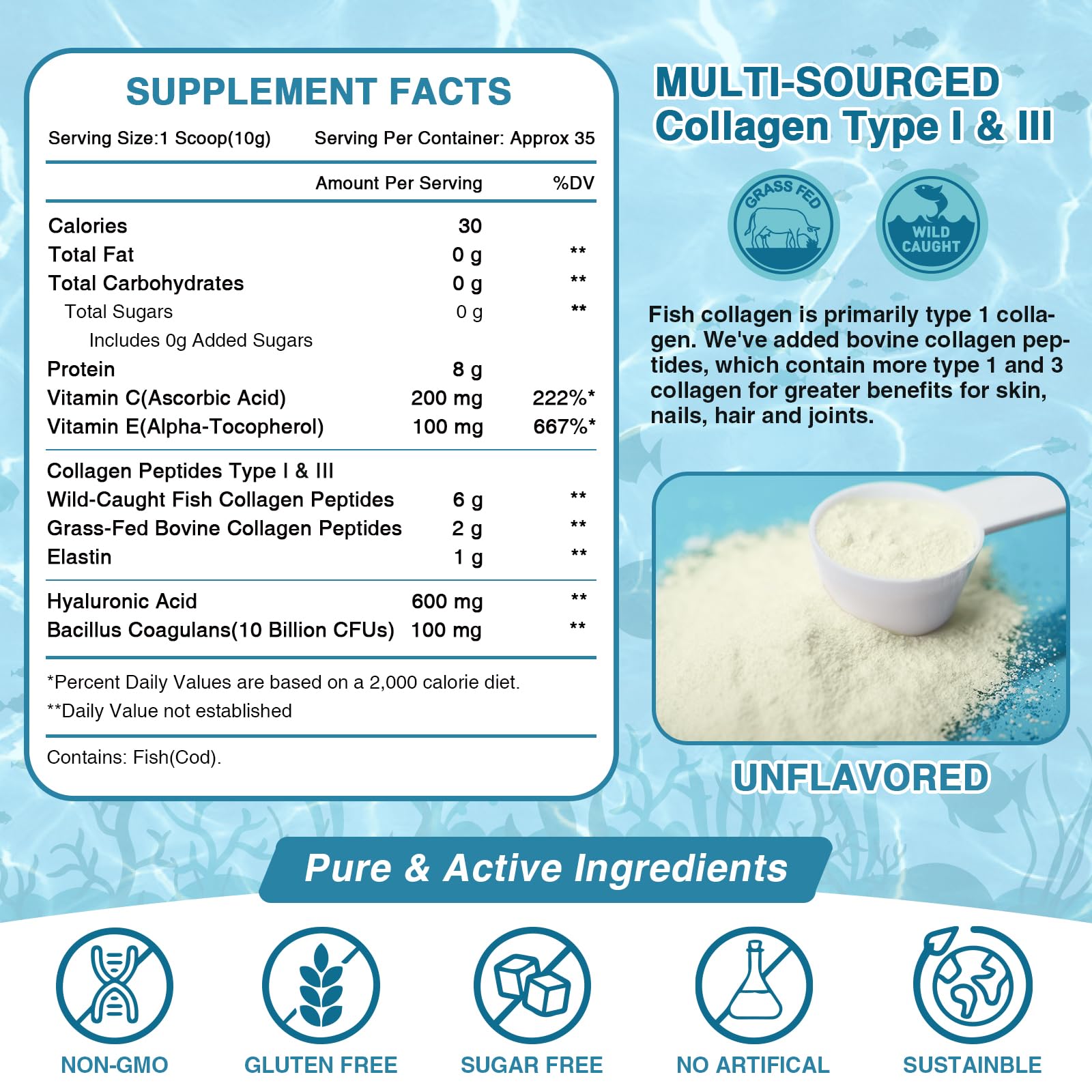 Nature Target Marine Collagen powder being scooped for a smoothie.