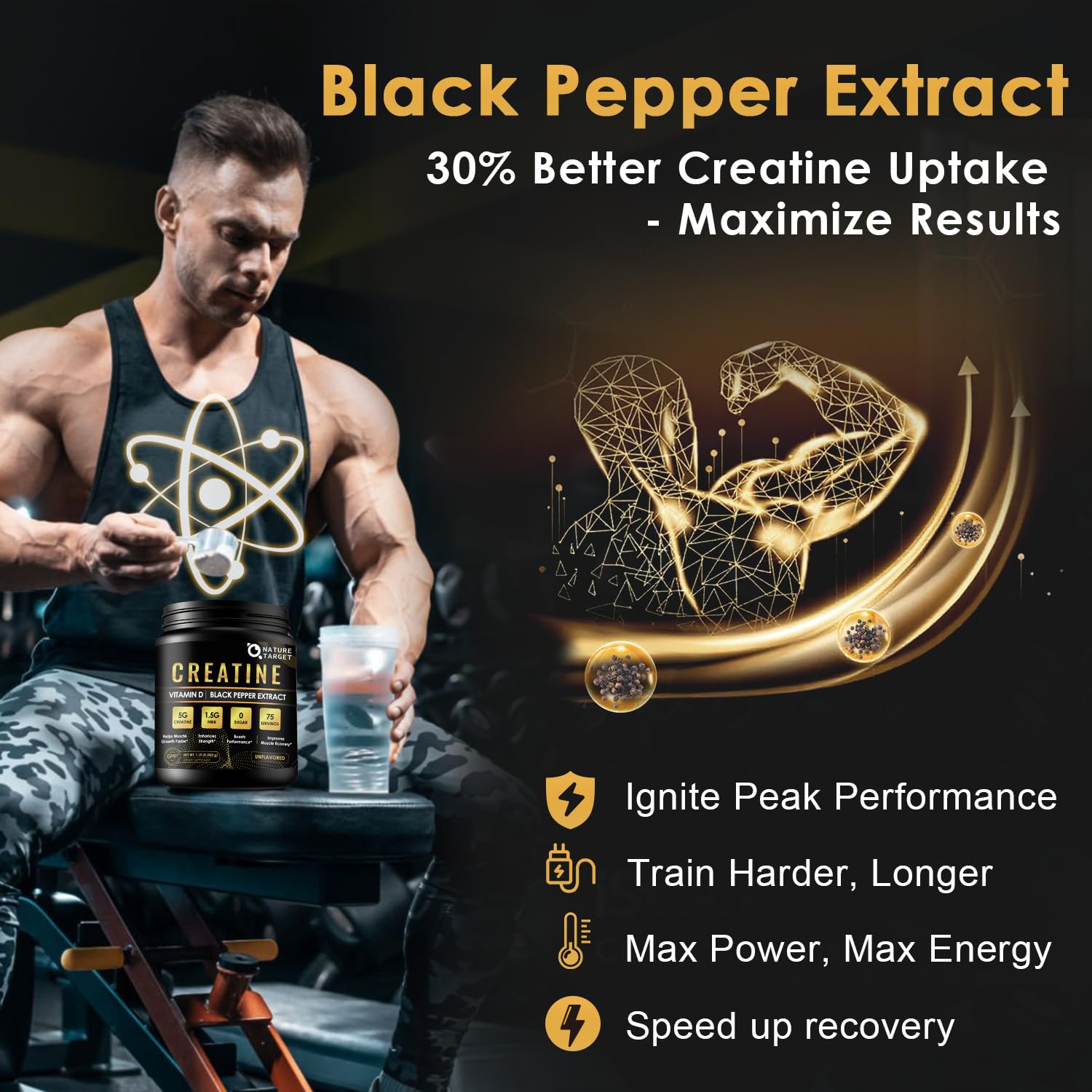 Nature Target micronized creatine monohydrate powder bottle closeup shows freshness.