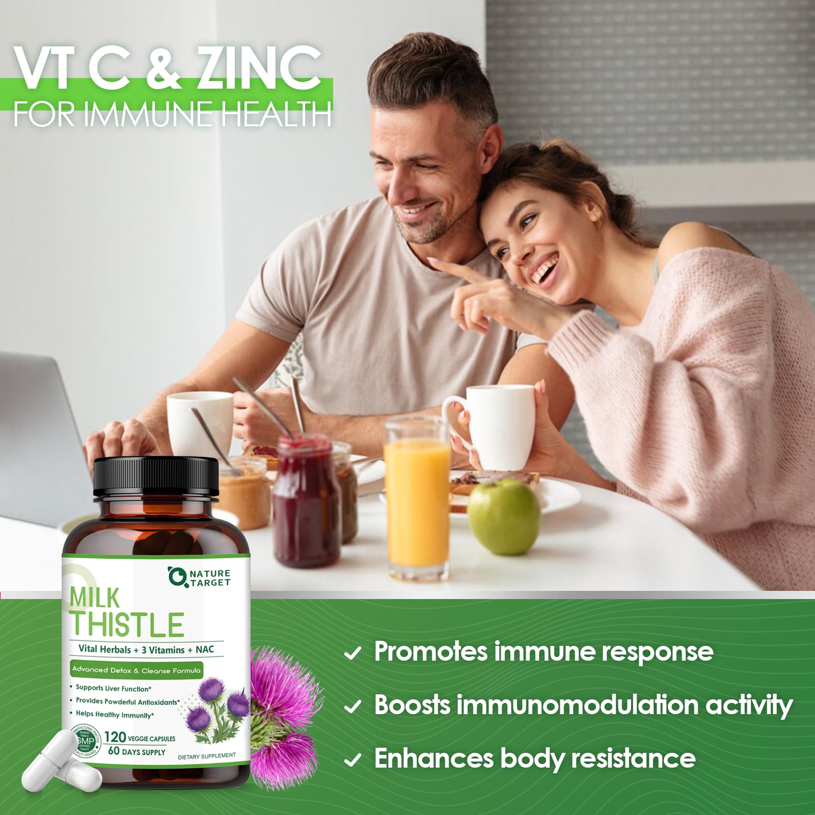 Nature Target Milk Thistle bottle on kitchen counter ready for daily use