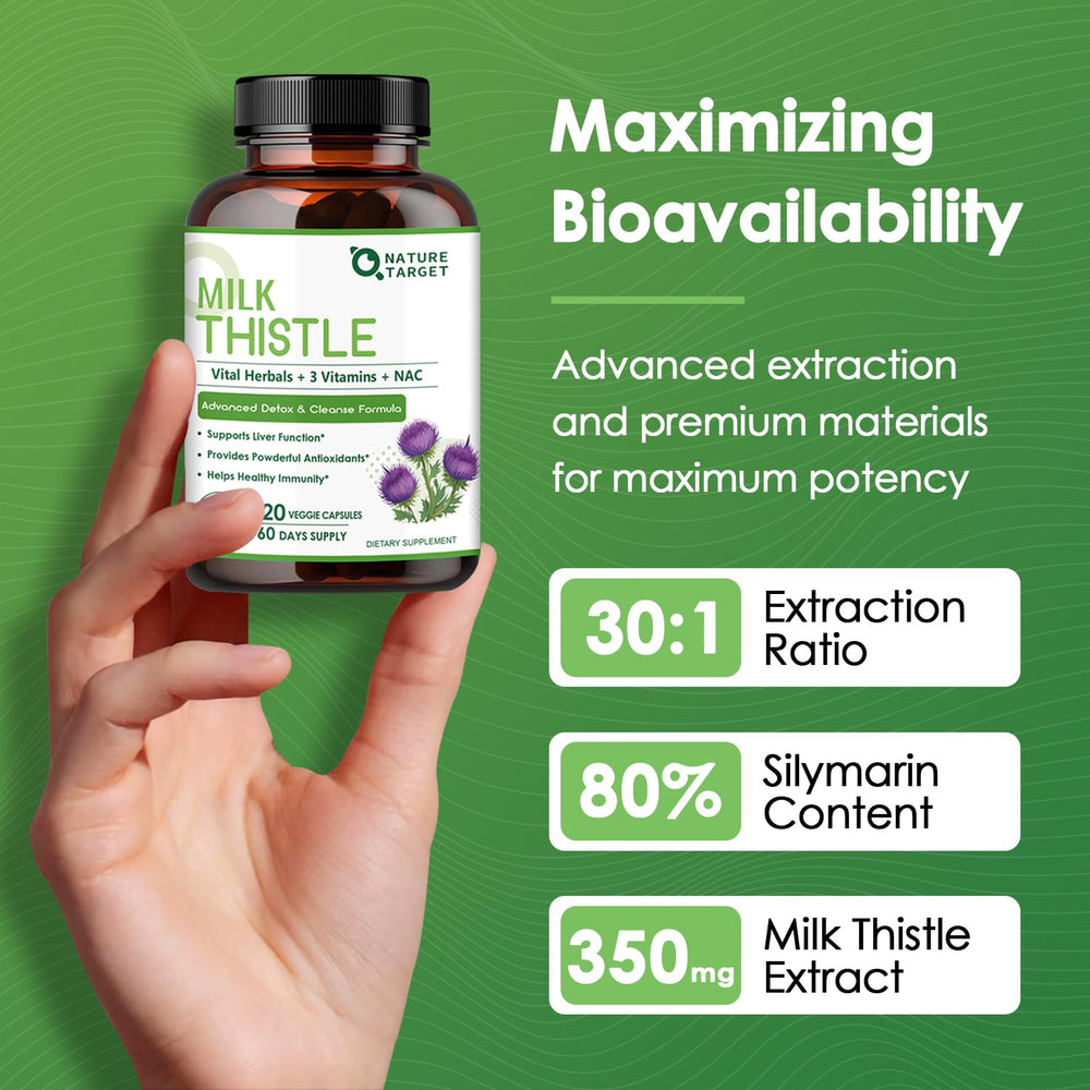 Nature Target Milk Thistle capsules close-up emphasize vegan capsules and potency