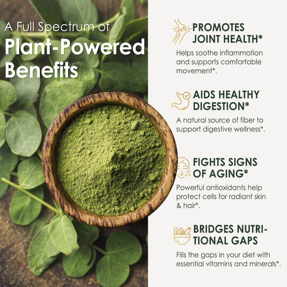 Nature Target Moringa capsules ingredient panel shows pure leaf extract emphasis.