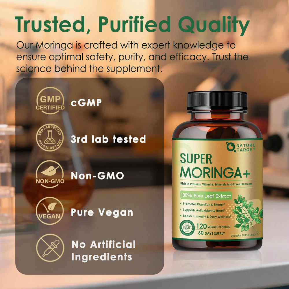 Nature Target Moringa capsules third-party testing seal indicating quality.