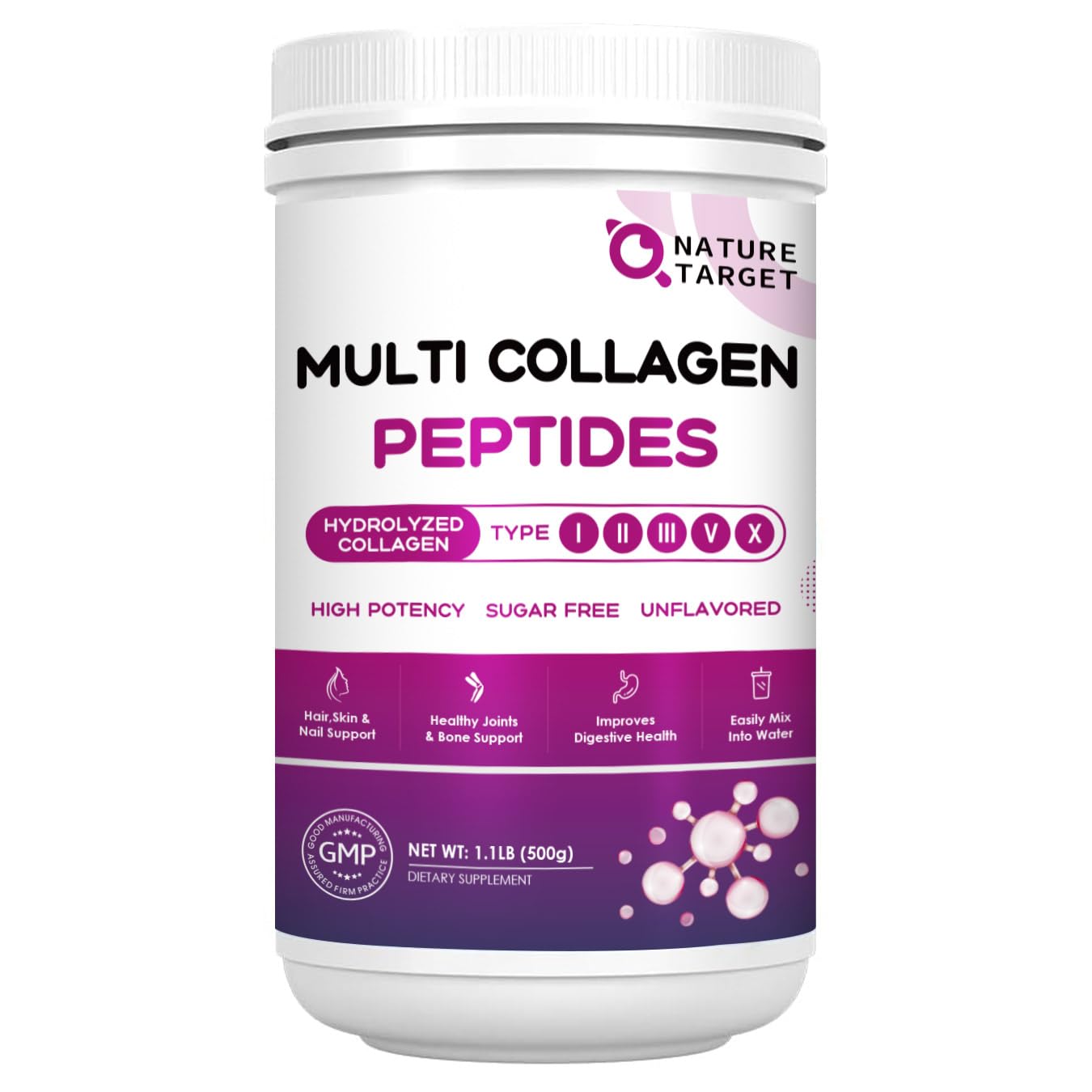 Nature Target Multi Collagen bottle label shows types I–X for skin and joints